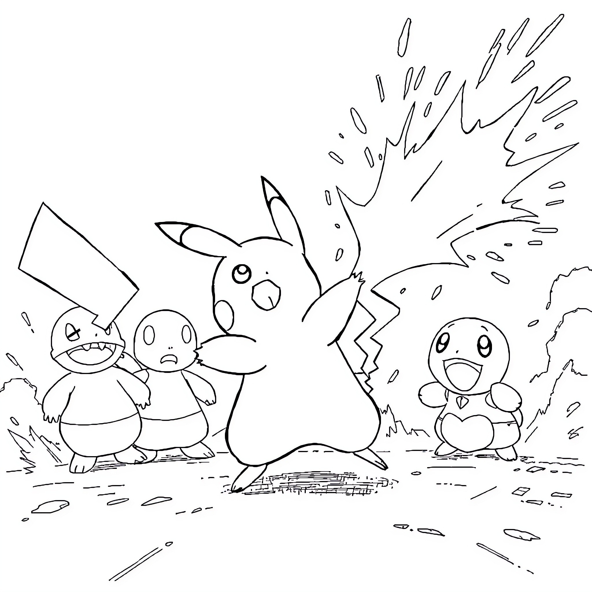 Pikachu and Friends Unleashing Electricity Coloring Page (free black-and-white line drawing printable PDF for all, from beginners to advanced learners, including children, teens, adults, and seniors)
