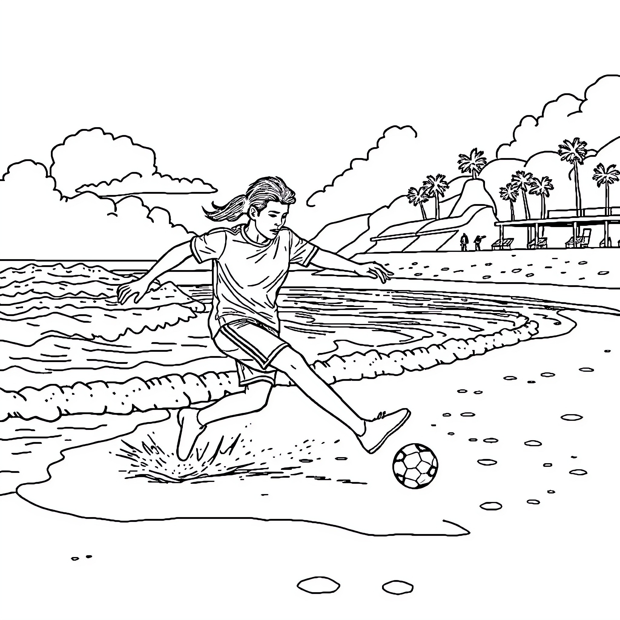 Samper enjoying the beach and playing soccer Coloring Page (free black-and-white line drawing printable PDF for all, from beginners to advanced learners, including children, teens, adults, and seniors)