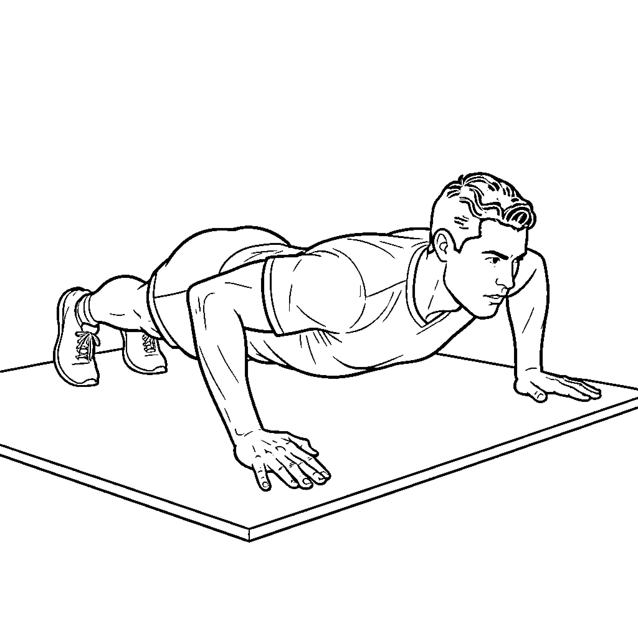 Ronaldo performing push ups on a gym mat Coloring Page (free black-and-white line drawing printable PDF for all, from beginners to advanced learners, including children, teens, adults, and seniors)