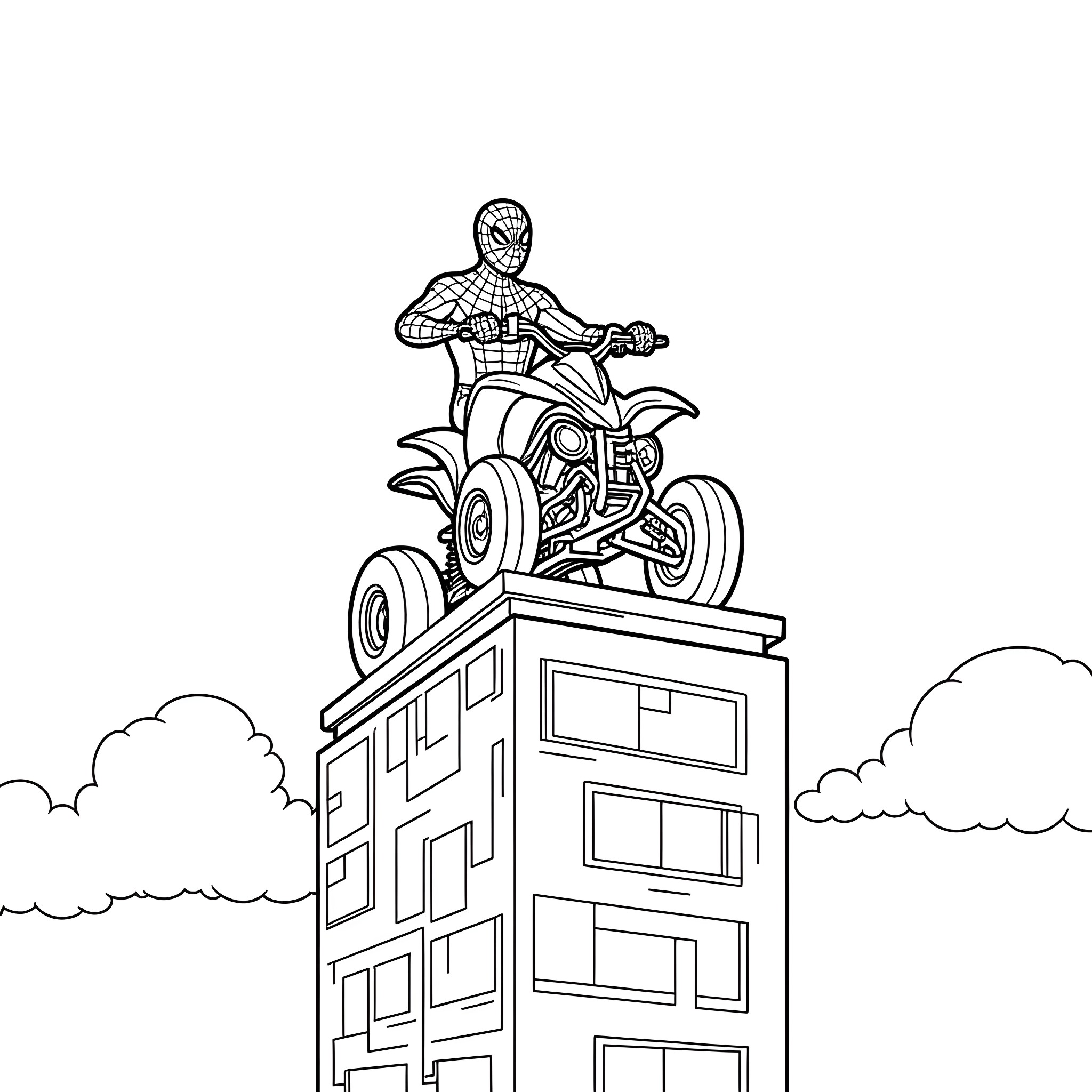 Spiderman riding a quad bike on top of a building Coloring Page (free black-and-white line drawing printable PDF for all, from beginners to advanced learners, including children, teens, adults, and seniors)