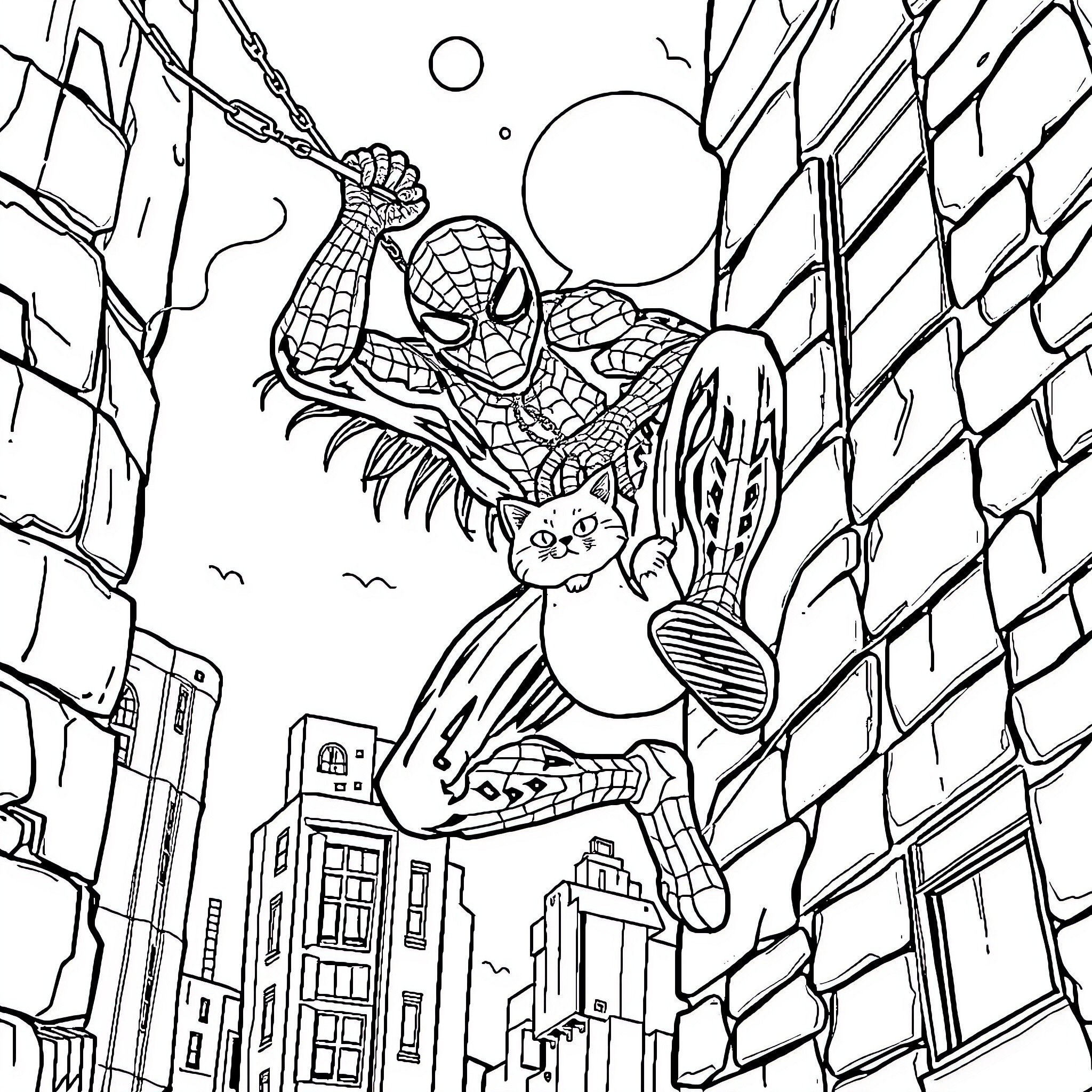 Spider-Man swinging through the city skyline Coloring Page (free black-and-white line drawing printable PDF for all, from beginners to advanced learners, including children, teens, adults, and seniors)