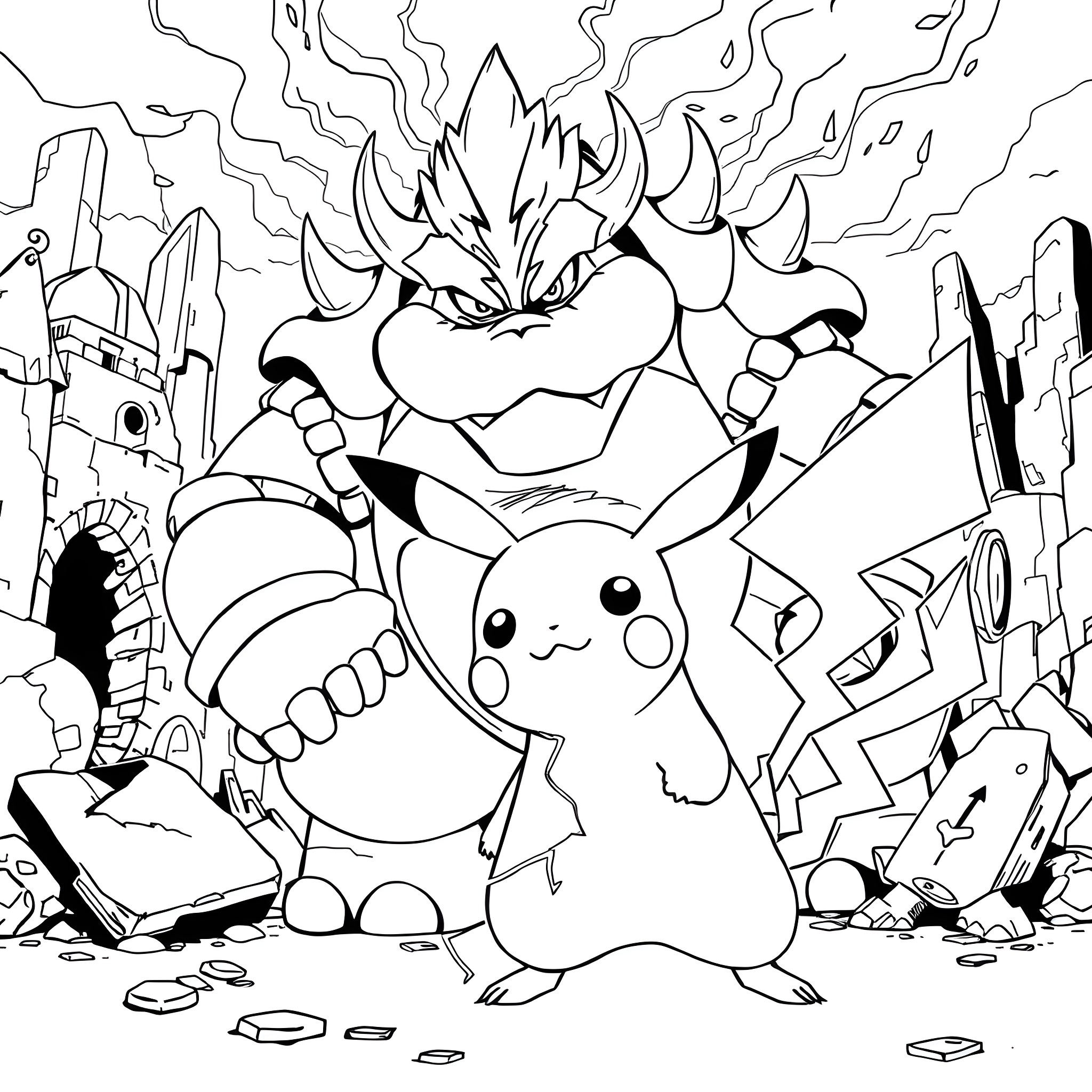Pikachu facing off against a powerful foe in a destructive scene Coloring Page (free black-and-white line drawing printable PDF for all, from beginners to advanced learners, including children, teens, adults, and seniors)