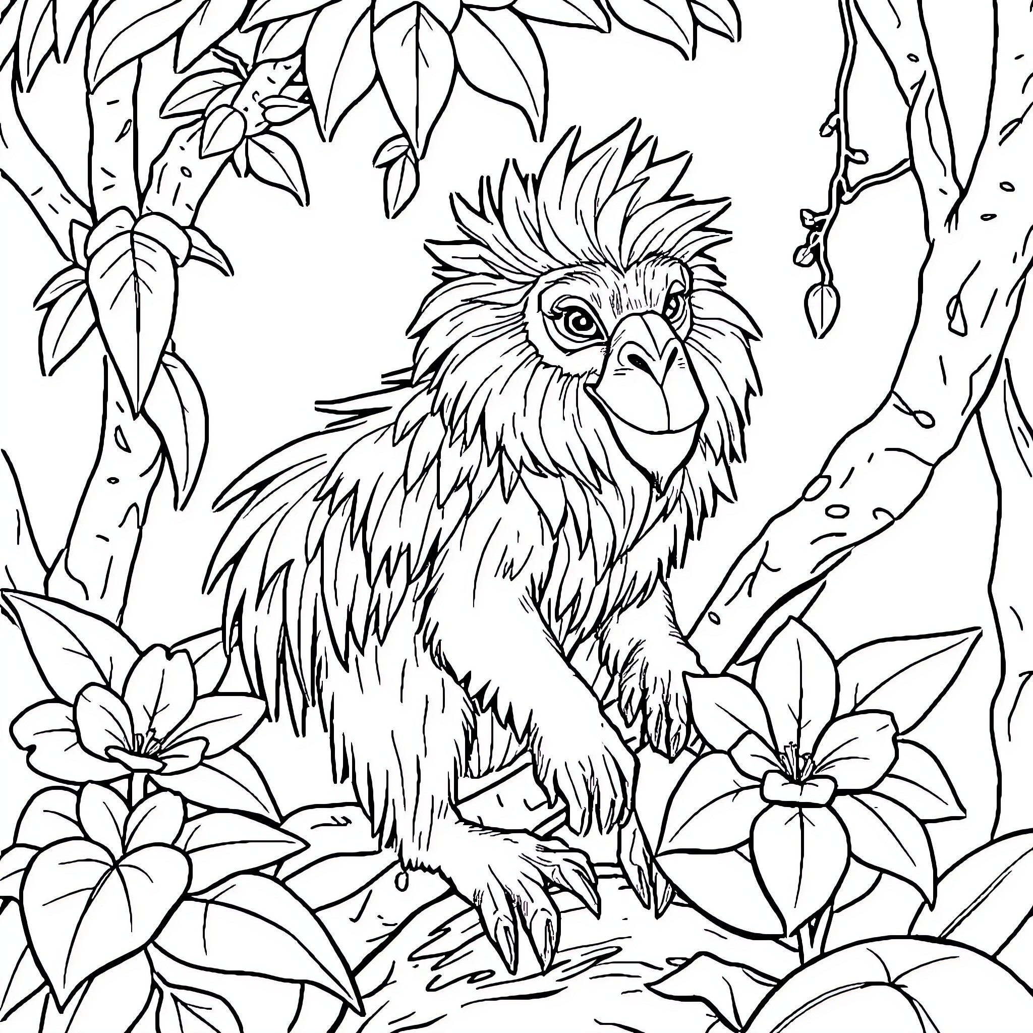 Monkey exploring the lush jungle scenery Coloring Page (free black-and-white line drawing printable PDF for all, from beginners to advanced learners, including children, teens, adults, and seniors)