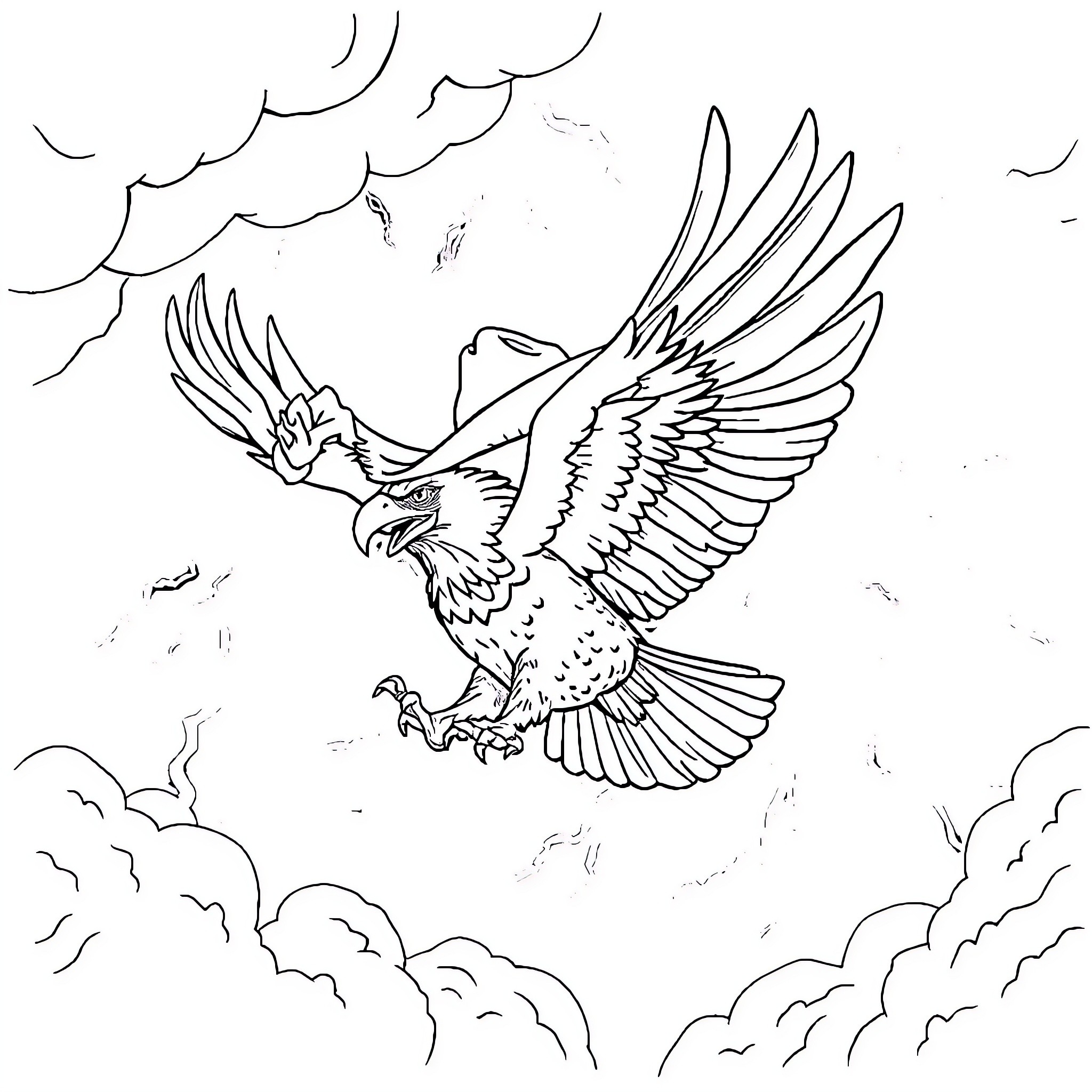 Eagle soaring gracefully through the clouds Coloring Page (free black-and-white line drawing printable PDF for all, from beginners to advanced learners, including children, teens, adults, and seniors)