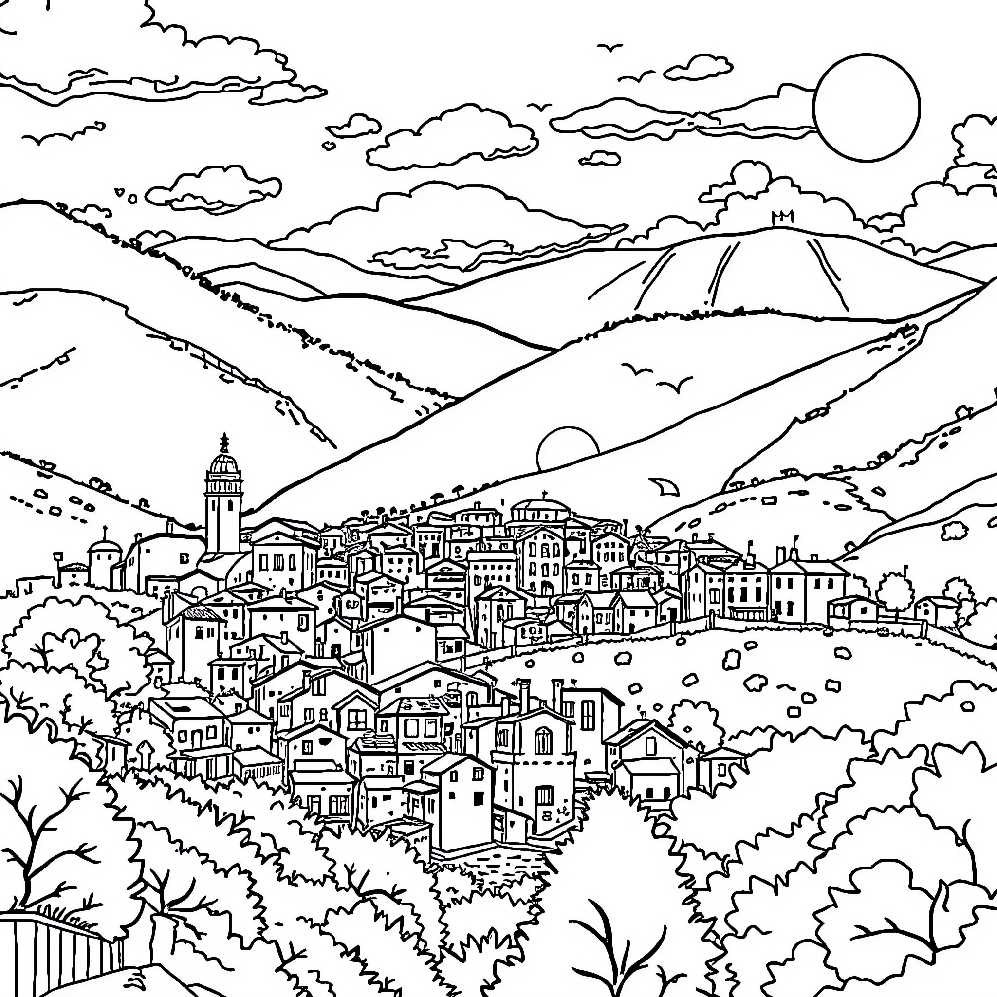 Acri landscape town with hills and sky Coloring Page (free black-and-white line drawing printable PDF for all, from beginners to advanced learners, including children, teens, adults, and seniors)