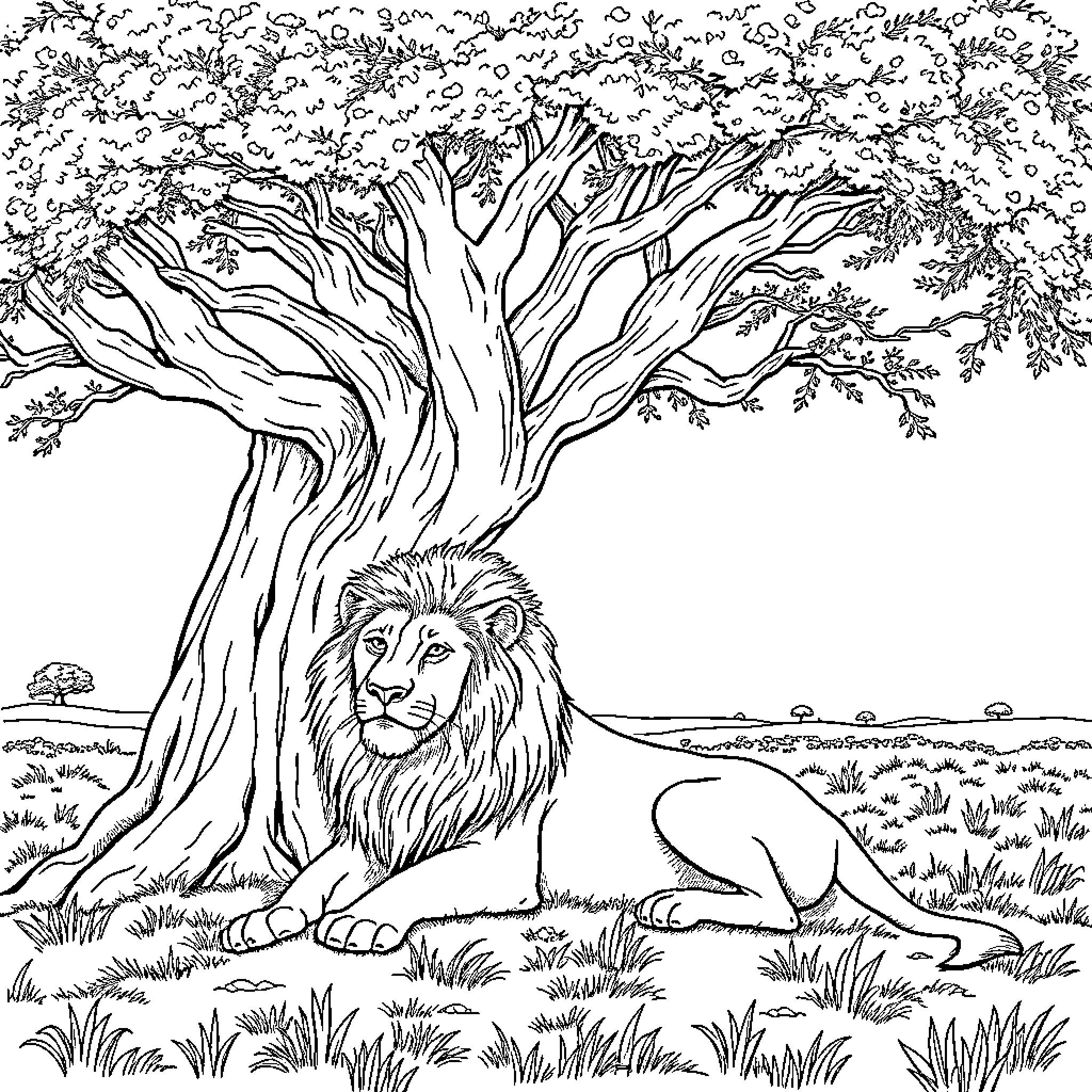 Lion resting peacefully under the majestic tree Coloring Page (free black-and-white line drawing printable PDF for all, from beginners to advanced learners, including children, teens, adults, and seniors)