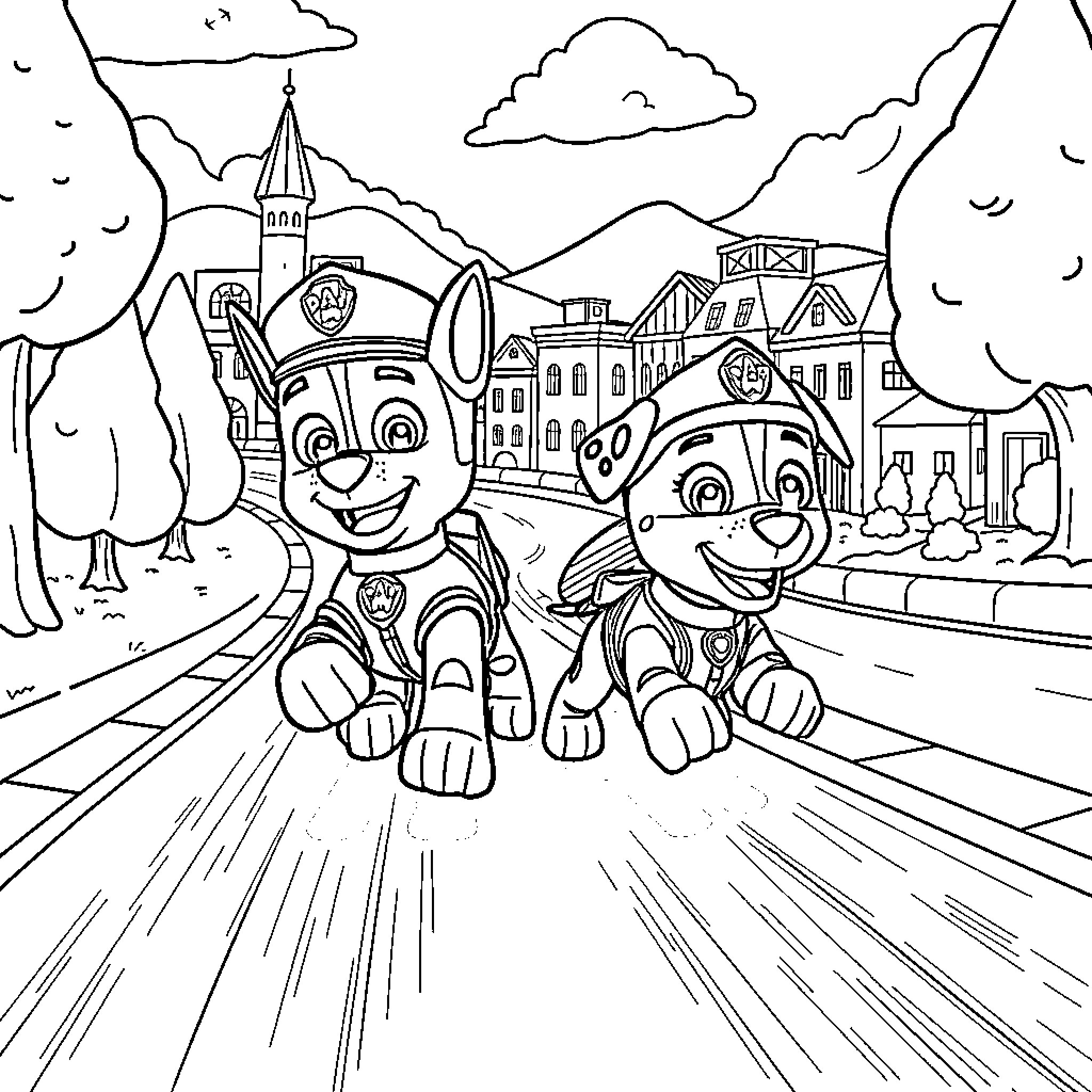 Paw Patrol characters in an action-packed town scene Coloring Page (free black-and-white line drawing printable PDF for all, from beginners to advanced learners, including children, teens, adults, and seniors)