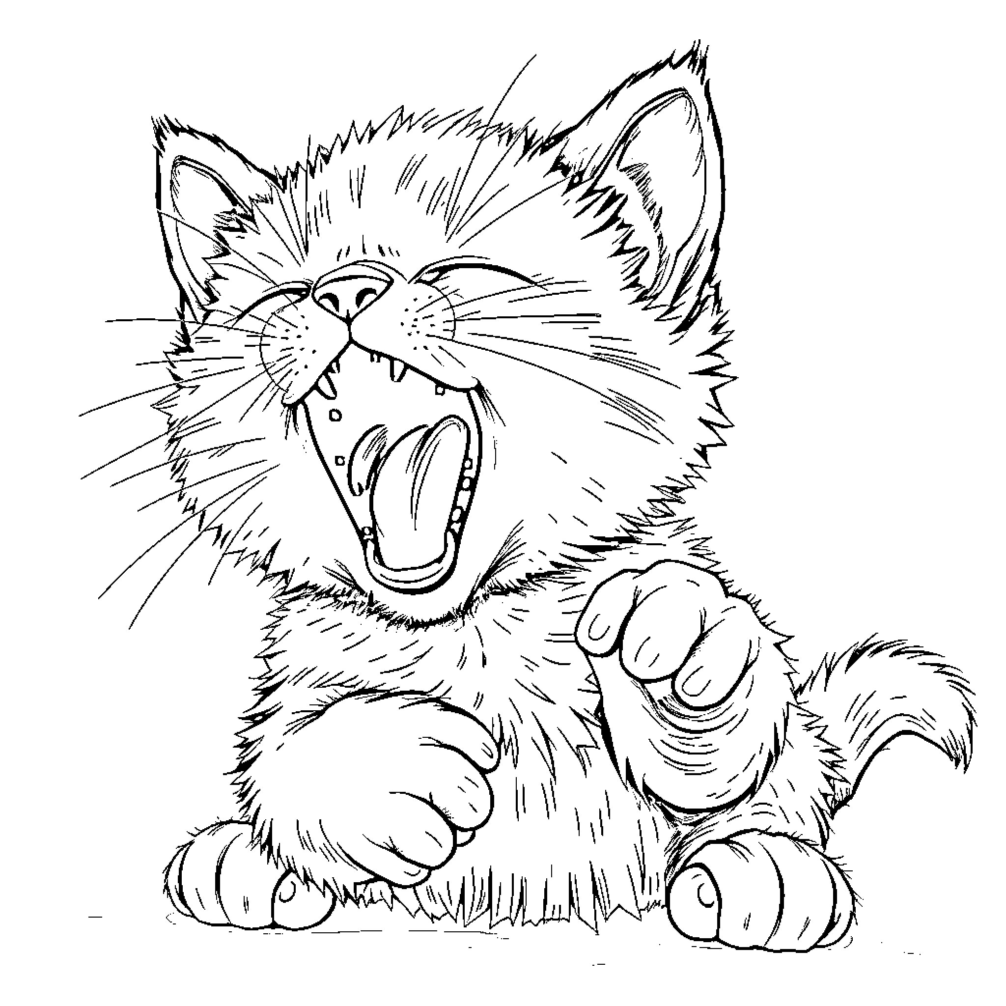 Kitten making a fierce expression Coloring Page (free black-and-white line drawing printable PDF for all, from beginners to advanced learners, including children, teens, adults, and seniors)