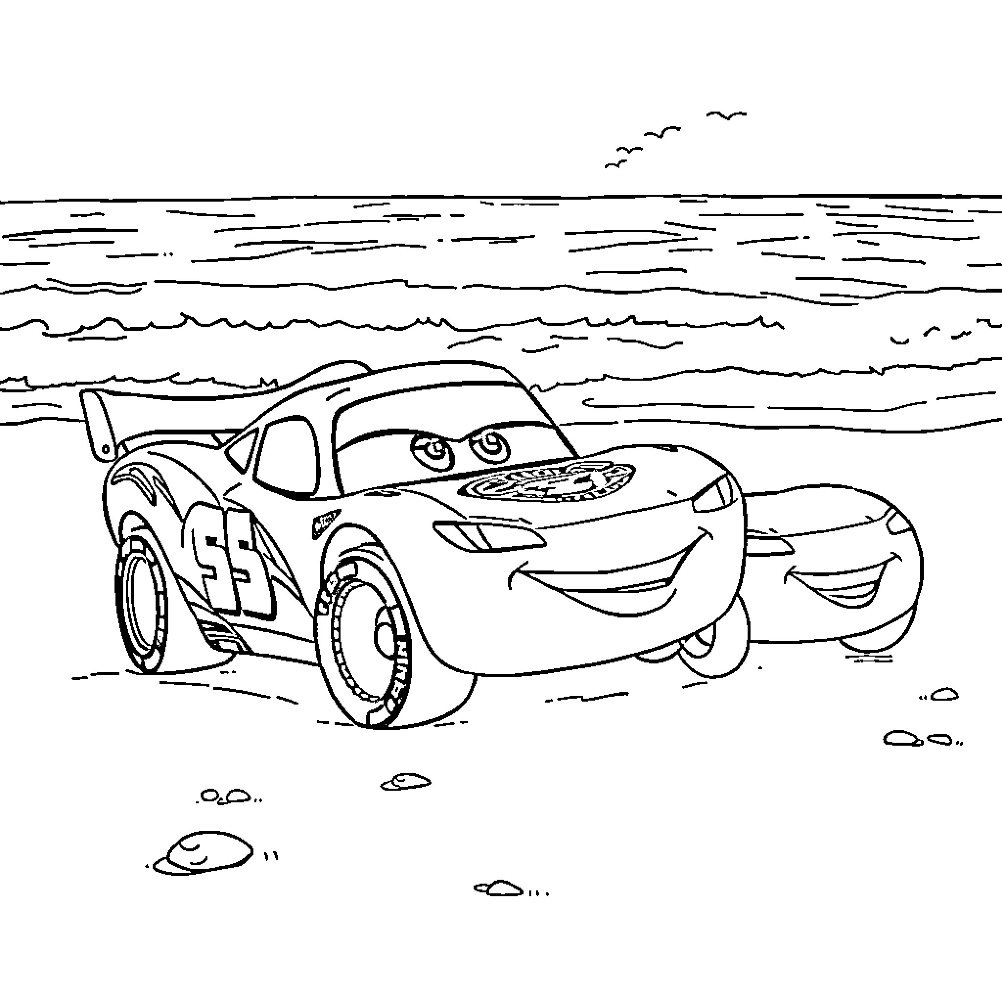 Lightning McQueen racing along the beach Coloring Page (free black-and-white line drawing printable PDF for all, from beginners to advanced learners, including children, teens, adults, and seniors)