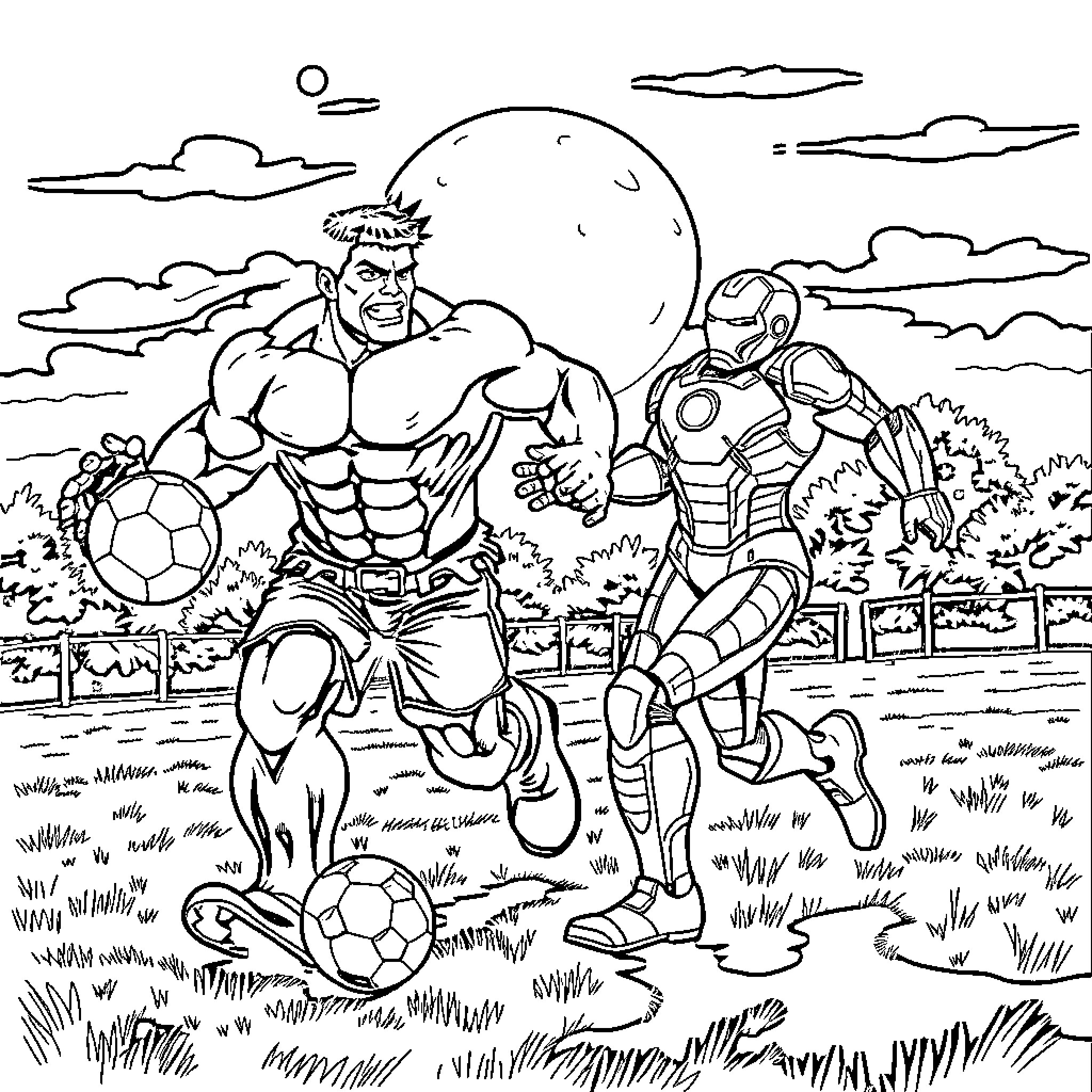 Hulk and Iron Man play soccer in the park Coloring Page (free black-and-white line drawing printable PDF for all, from beginners to advanced learners, including children, teens, adults, and seniors)