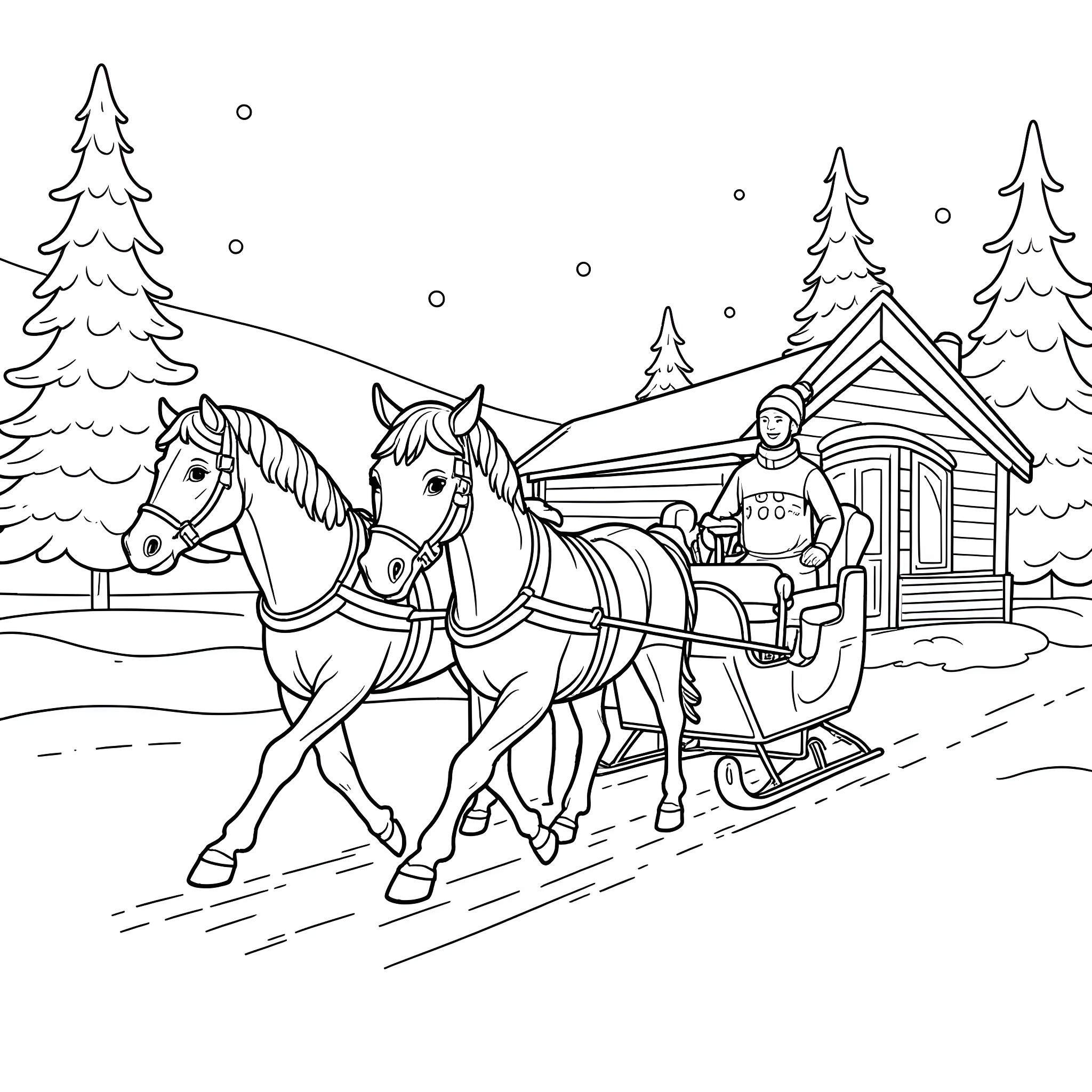 Horse-drawn sleigh ride through snowy winter landscape Coloring Page (free black-and-white line drawing printable PDF for all, from beginners to advanced learners, including children, teens, adults, and seniors)