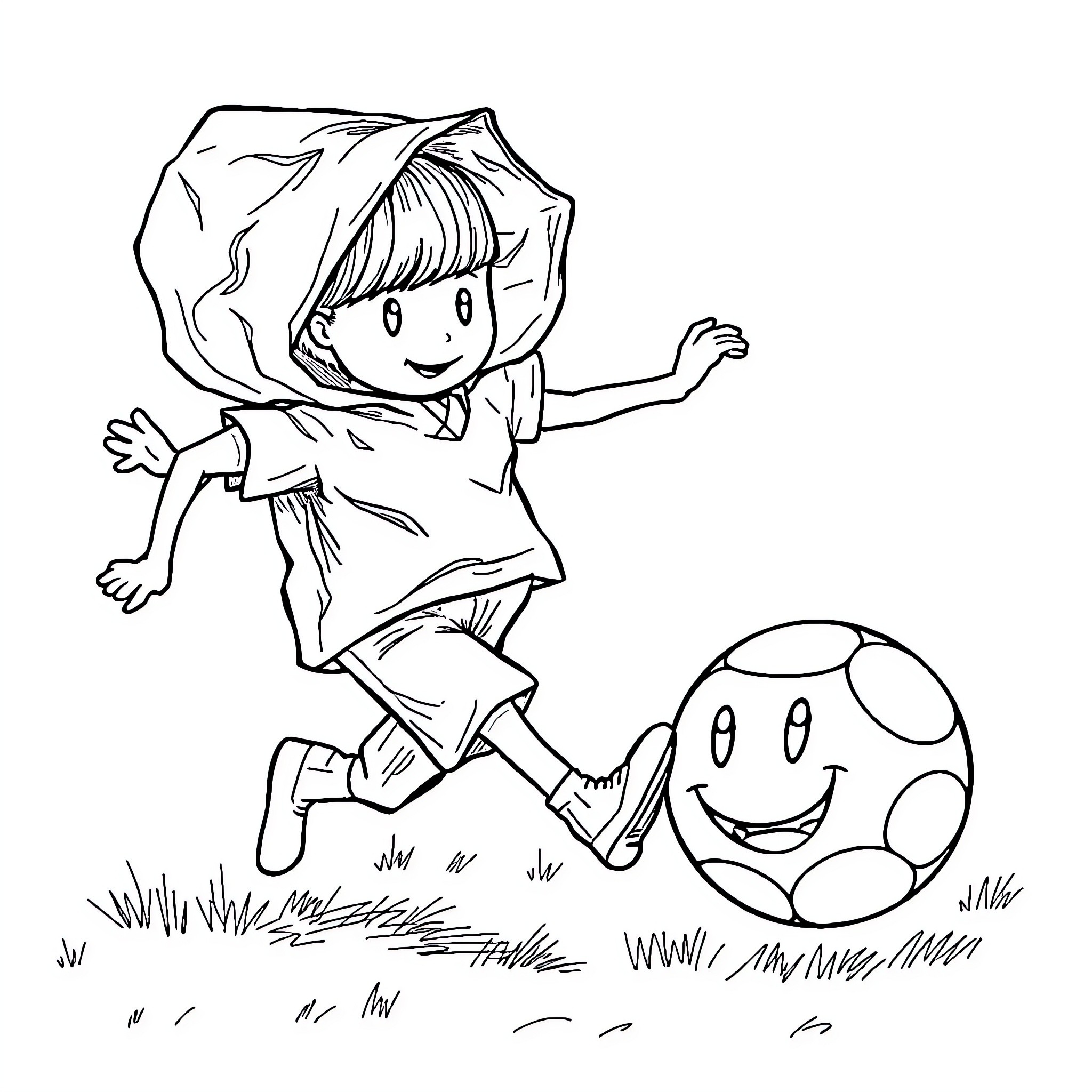 Man playing joyfully with mushroom ball in the field Coloring Page (free black-and-white line drawing printable PDF for all, from beginners to advanced learners, including children, teens, adults, and seniors)