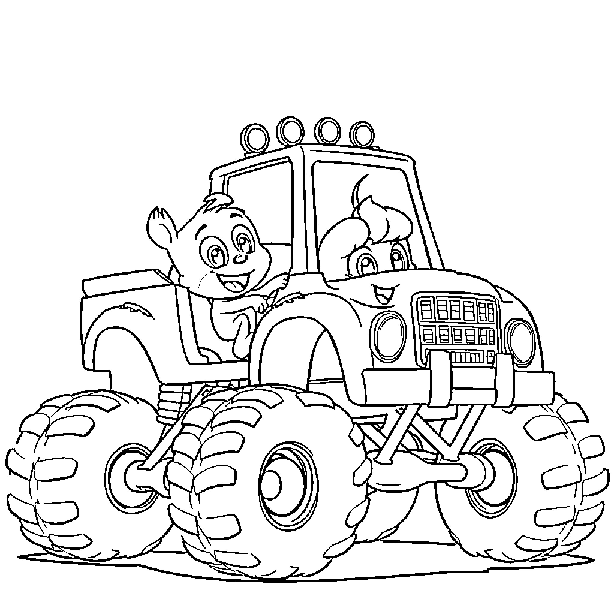 Bluey's Fun Adventure in the Monster Truck Coloring Page (free black-and-white line drawing printable PDF for all, from beginners to advanced learners, including children, teens, adults, and seniors)