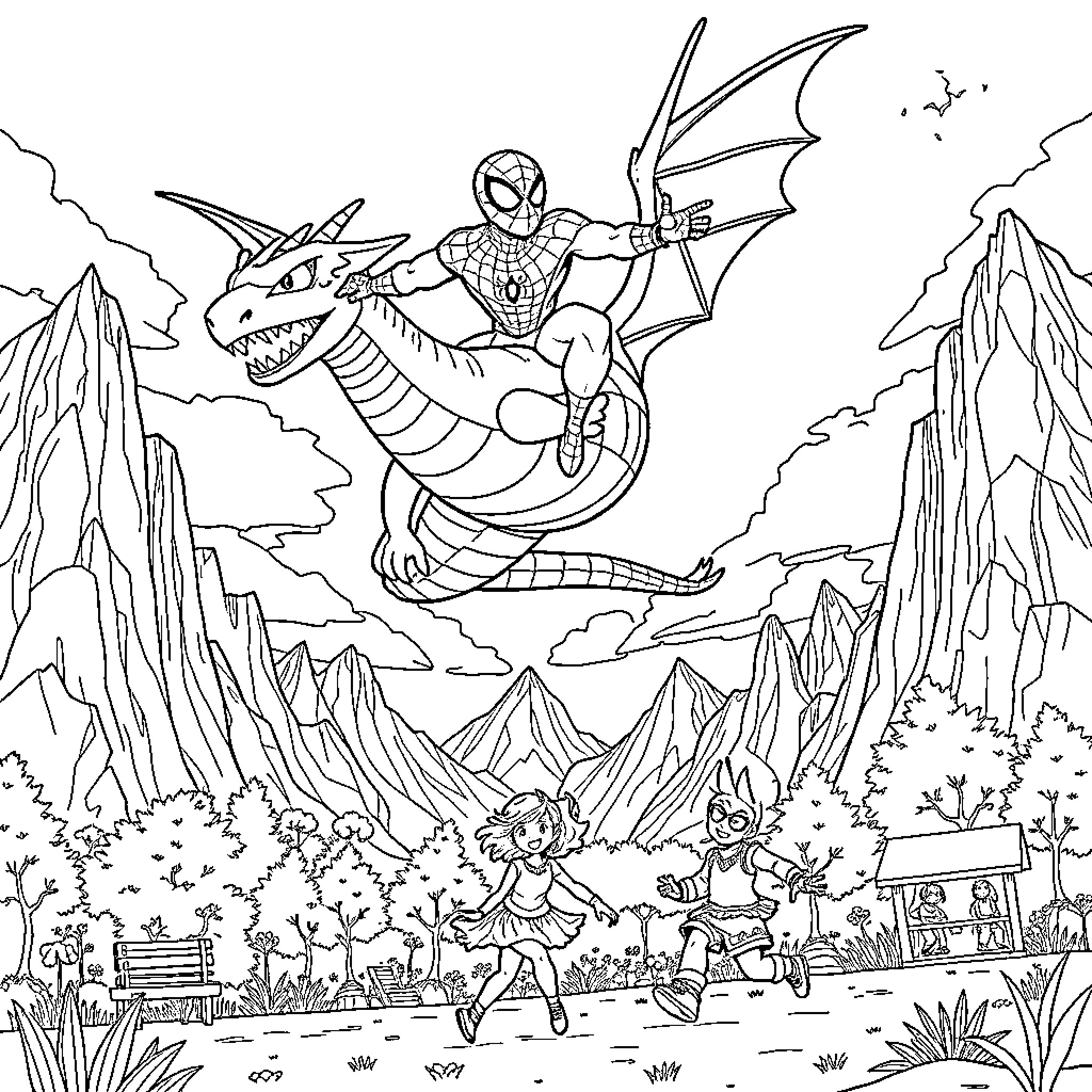 Spiderman riding a dragon through a fantasy landscape Coloring Page (free black-and-white line drawing printable PDF for all, from beginners to advanced learners, including children, teens, adults, and seniors)