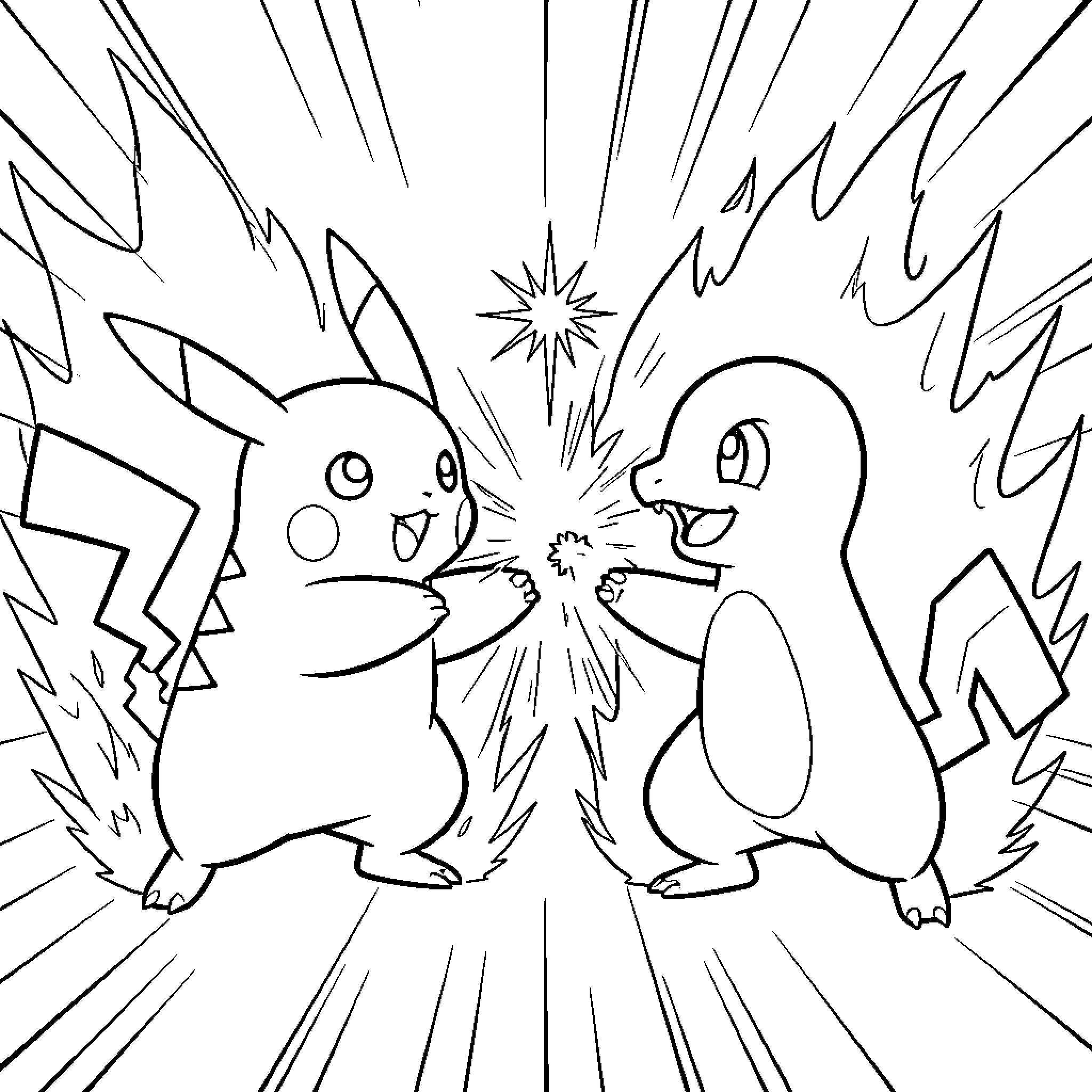 Pokémon characters engaged in energetic interaction Coloring Page (free black-and-white line drawing printable PDF for all, from beginners to advanced learners, including children, teens, adults, and seniors)