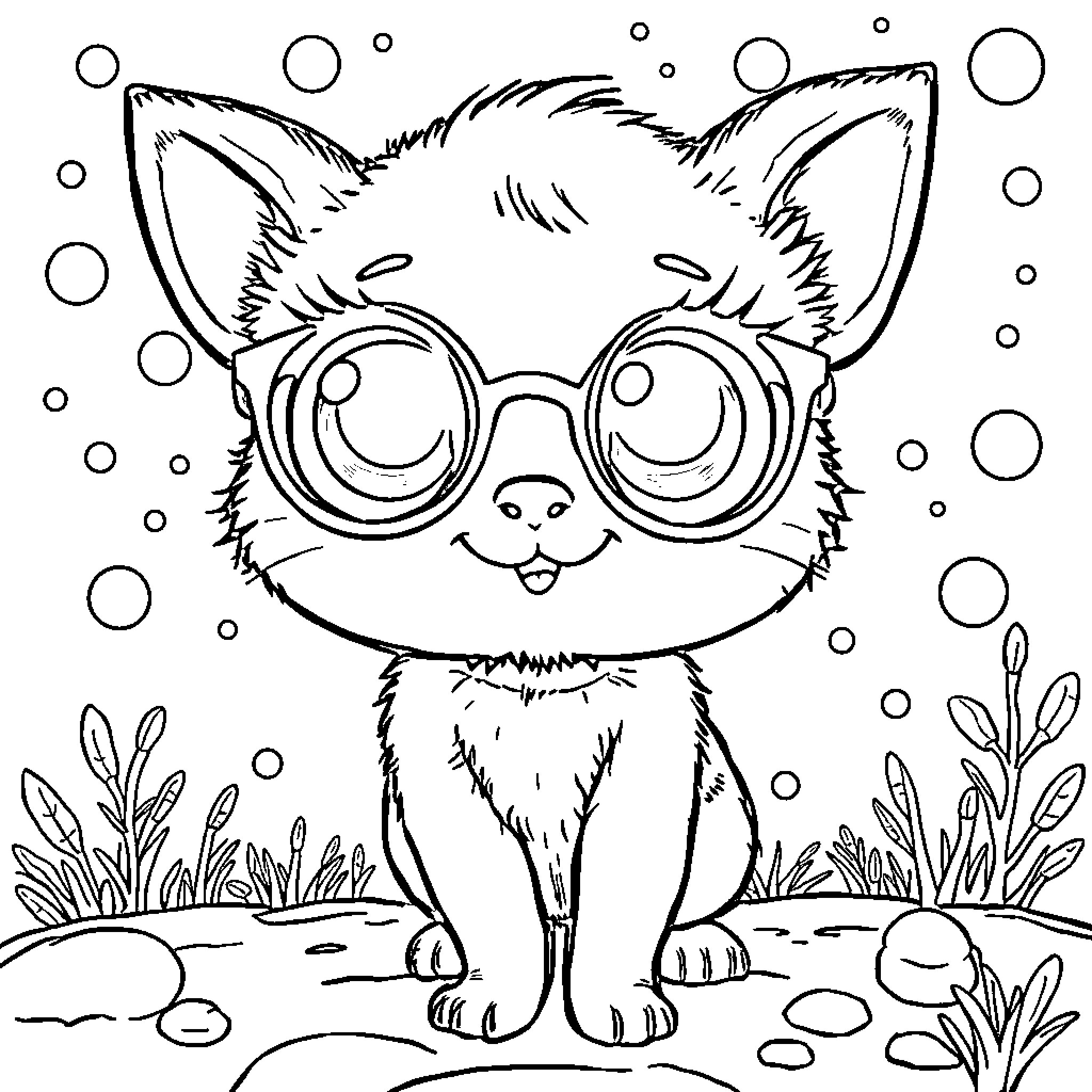 Doll Kitten wearing Whimsical Glasses in Charming Outdoors Scene Coloring Page (free black-and-white line drawing printable PDF for all, from beginners to advanced learners, including children, teens, adults, and seniors)
