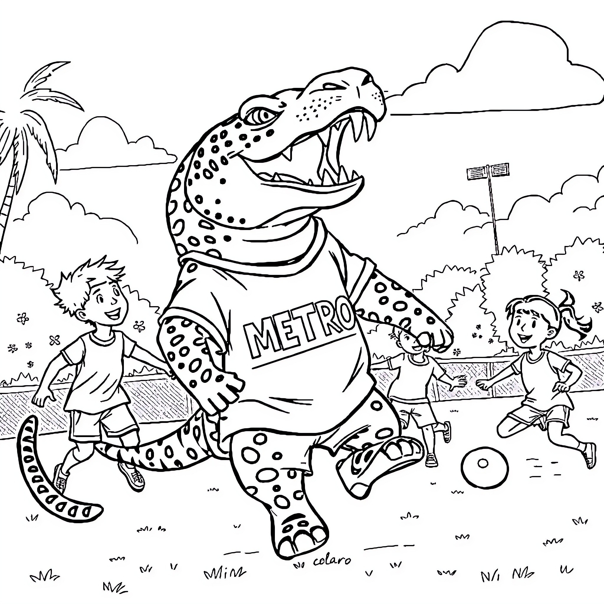 Tiburon's Lively Adventure at the Metro Park Coloring Page (free black-and-white line drawing printable PDF for all, from beginners to advanced learners, including children, teens, adults, and seniors)