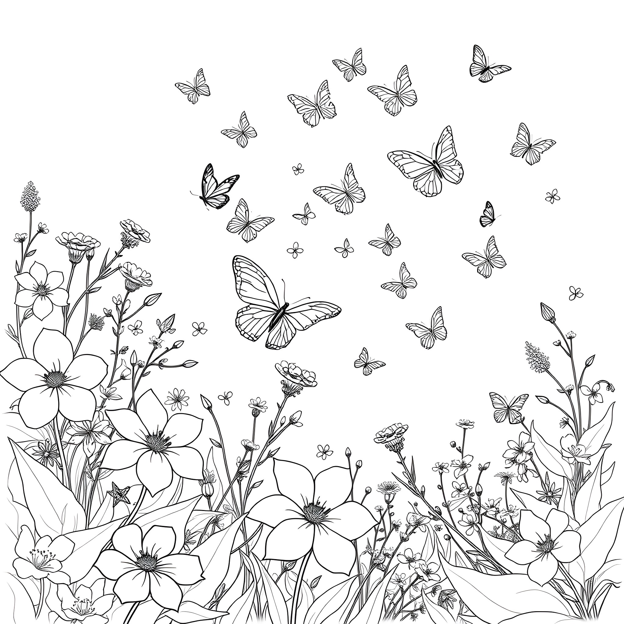 Butterfly Garden with Floral Arrangement Coloring Page (free black-and-white line drawing printable PDF for all, from beginners to advanced learners, including children, teens, adults, and seniors)