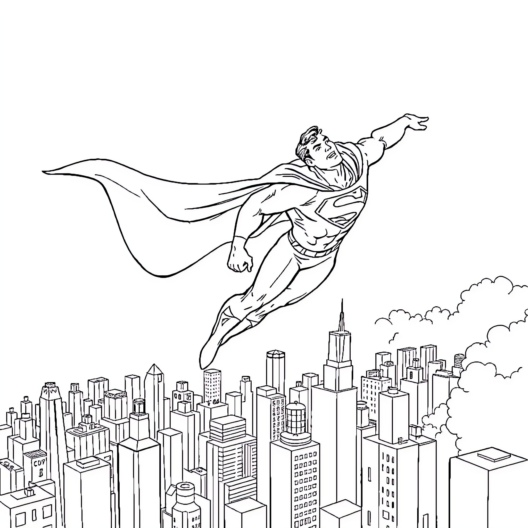 Superman soaring over the city skyline Coloring Page (free black-and-white line drawing printable PDF for all, from beginners to advanced learners, including children, teens, adults, and seniors)