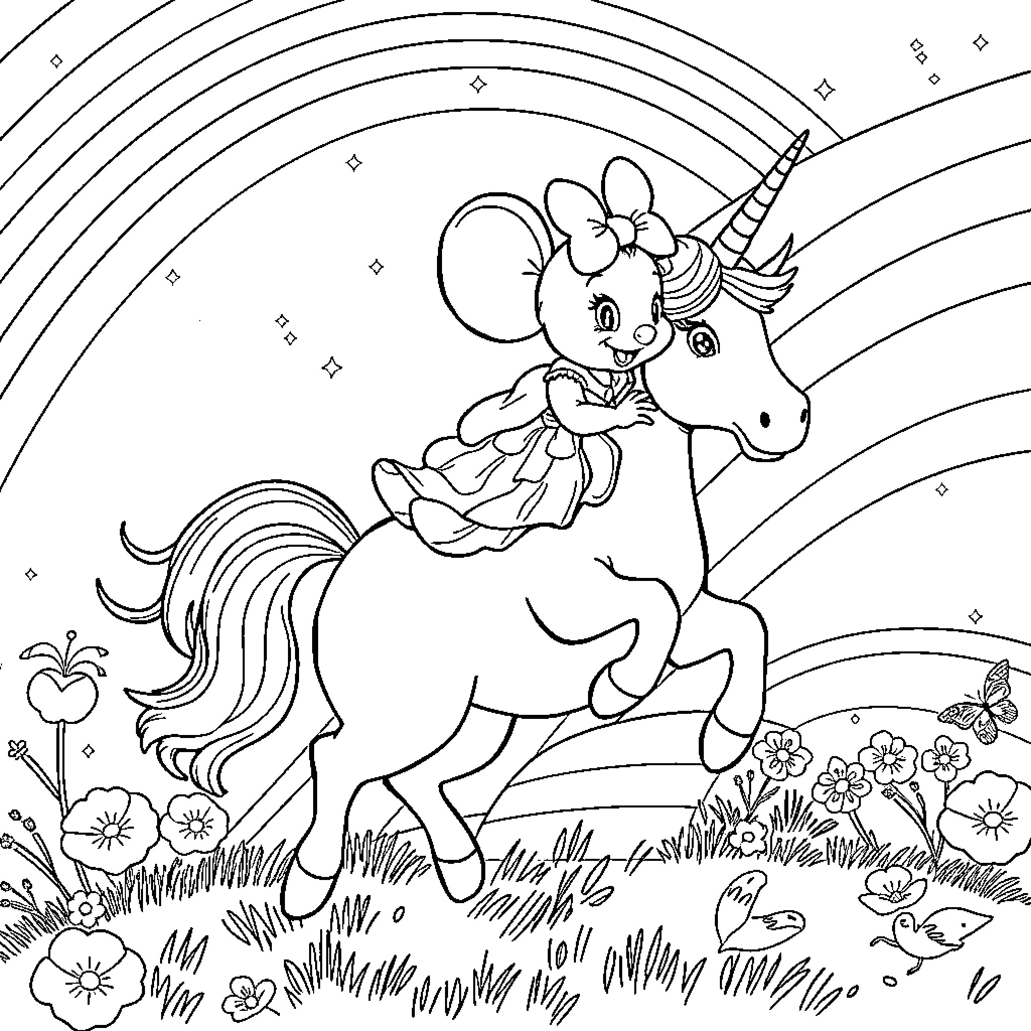 Minnie Mouse riding a magical unicorn in a fantasy meadow Coloring Page (free black-and-white line drawing printable PDF for all, from beginners to advanced learners, including children, teens, adults, and seniors)