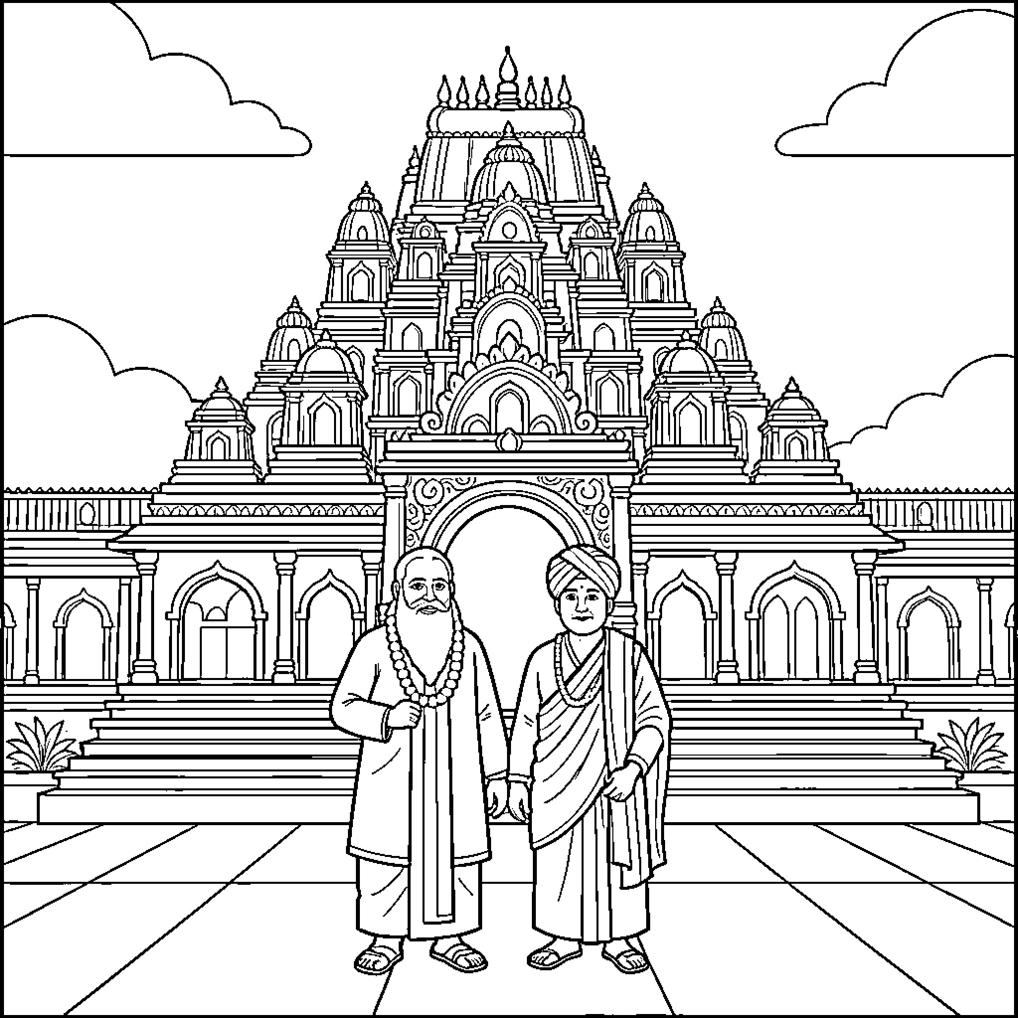 Swami standing peacefully in front of a grand temple Coloring Page (free black-and-white line drawing printable PDF for all, from beginners to advanced learners, including children, teens, adults, and seniors)