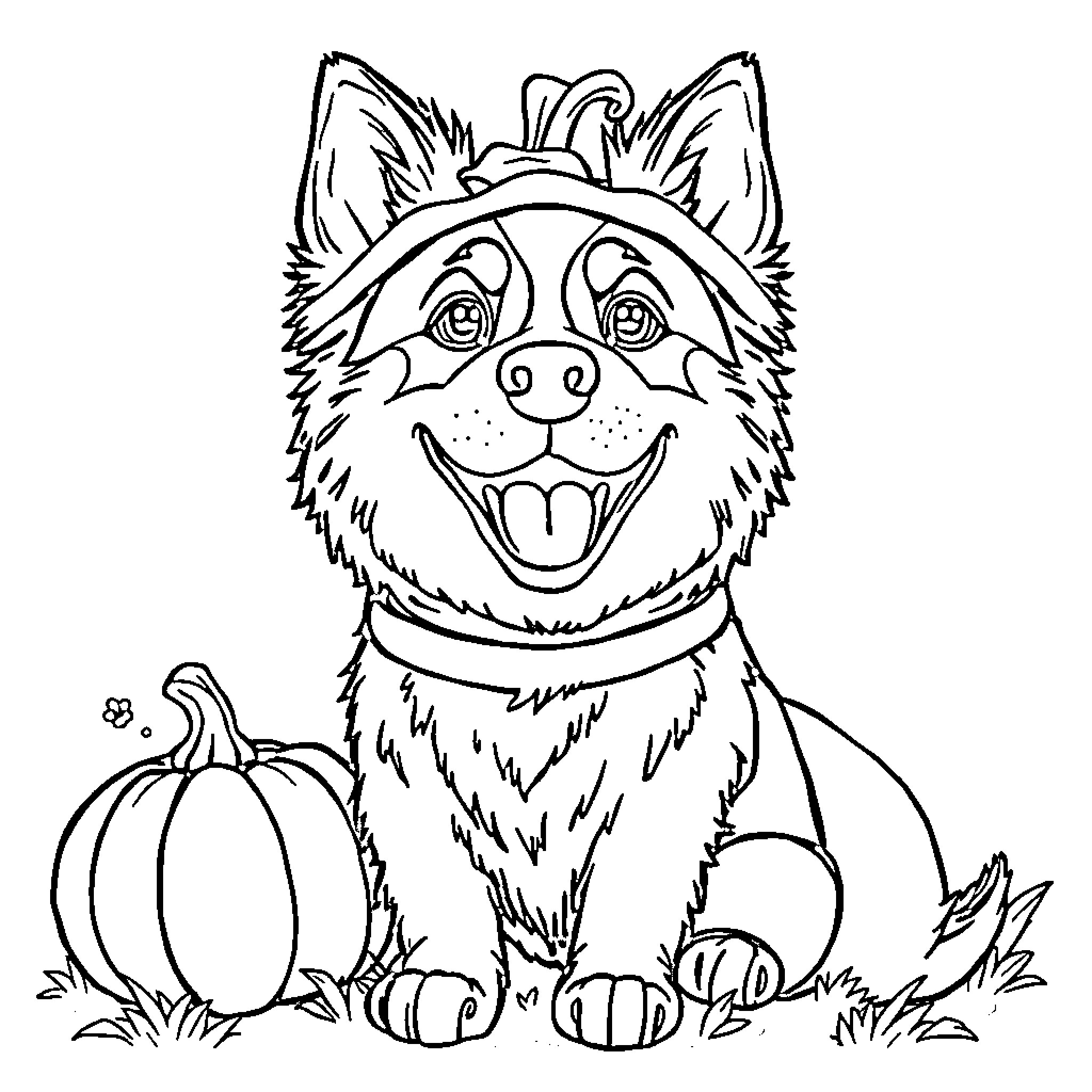 Australian Shepherd smiling with a pumpkin Coloring Page (free black-and-white line drawing printable PDF for all, from beginners to advanced learners, including children, teens, adults, and seniors)