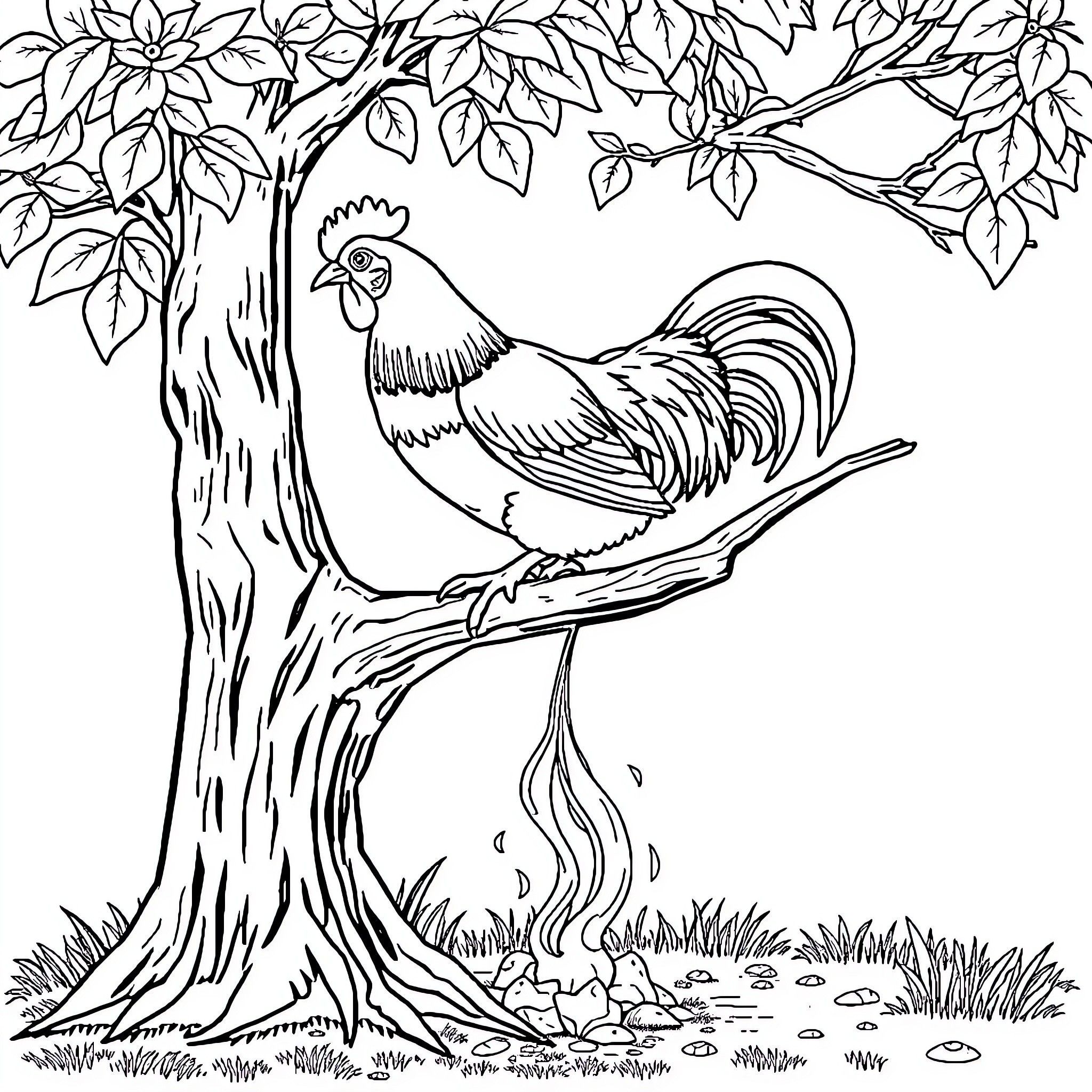 Chicken perched on tree branch in nature Coloring Page (free black-and-white line drawing printable PDF for all, from beginners to advanced learners, including children, teens, adults, and seniors)