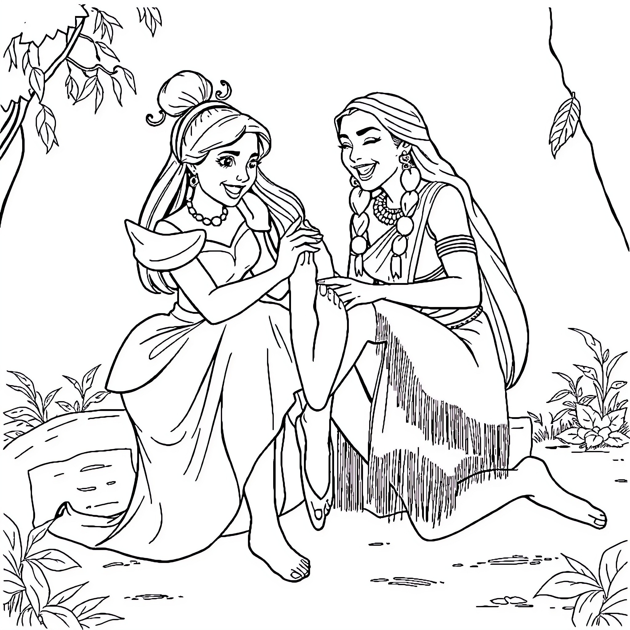 Cinderella and Native American Princess in Nature Coloring Page (free black-and-white line drawing printable PDF for all, from beginners to advanced learners, including children, teens, adults, and seniors)