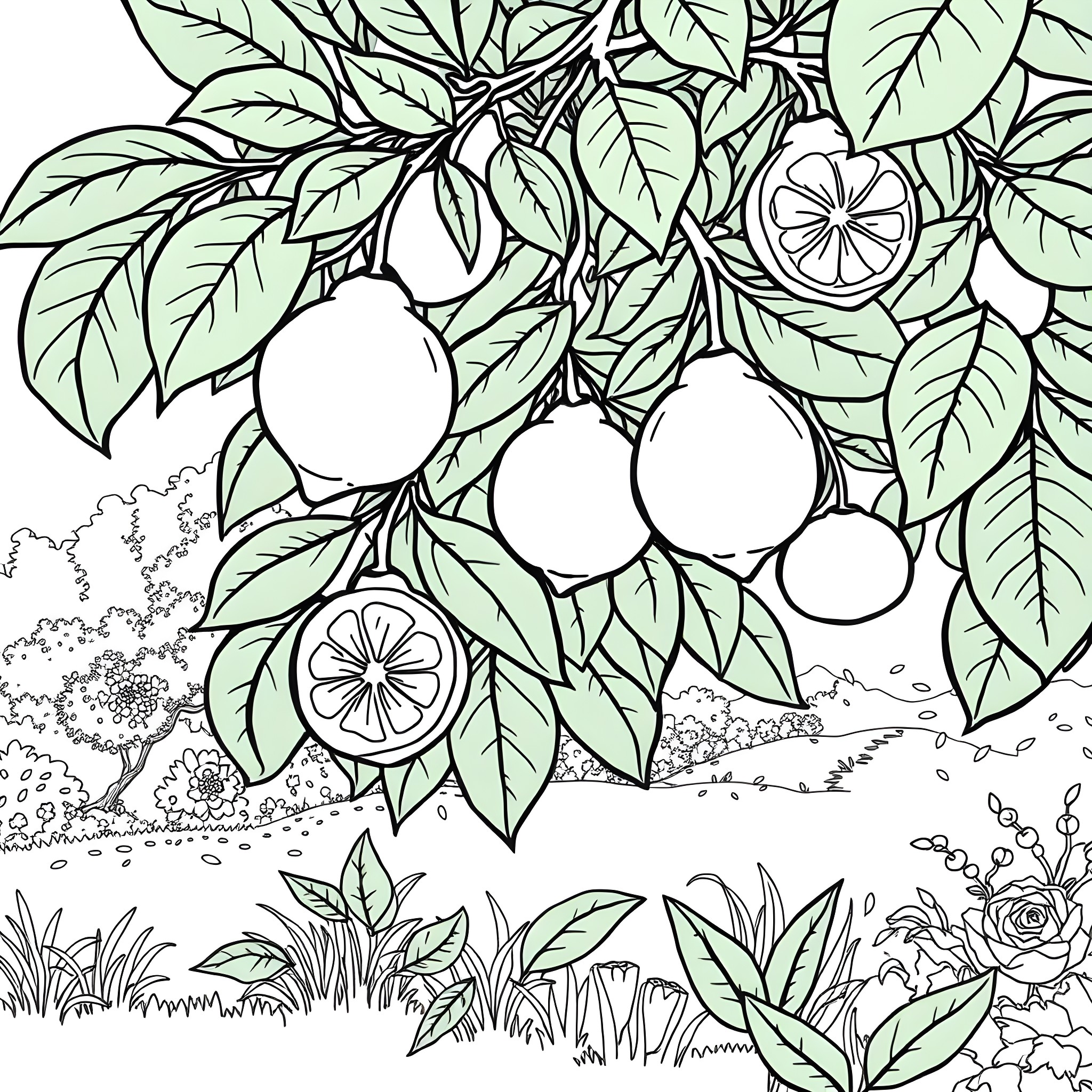 Citron fruits in lush foliage Coloring Page (free black-and-white line drawing printable PDF for all, from beginners to advanced learners, including children, teens, adults, and seniors)