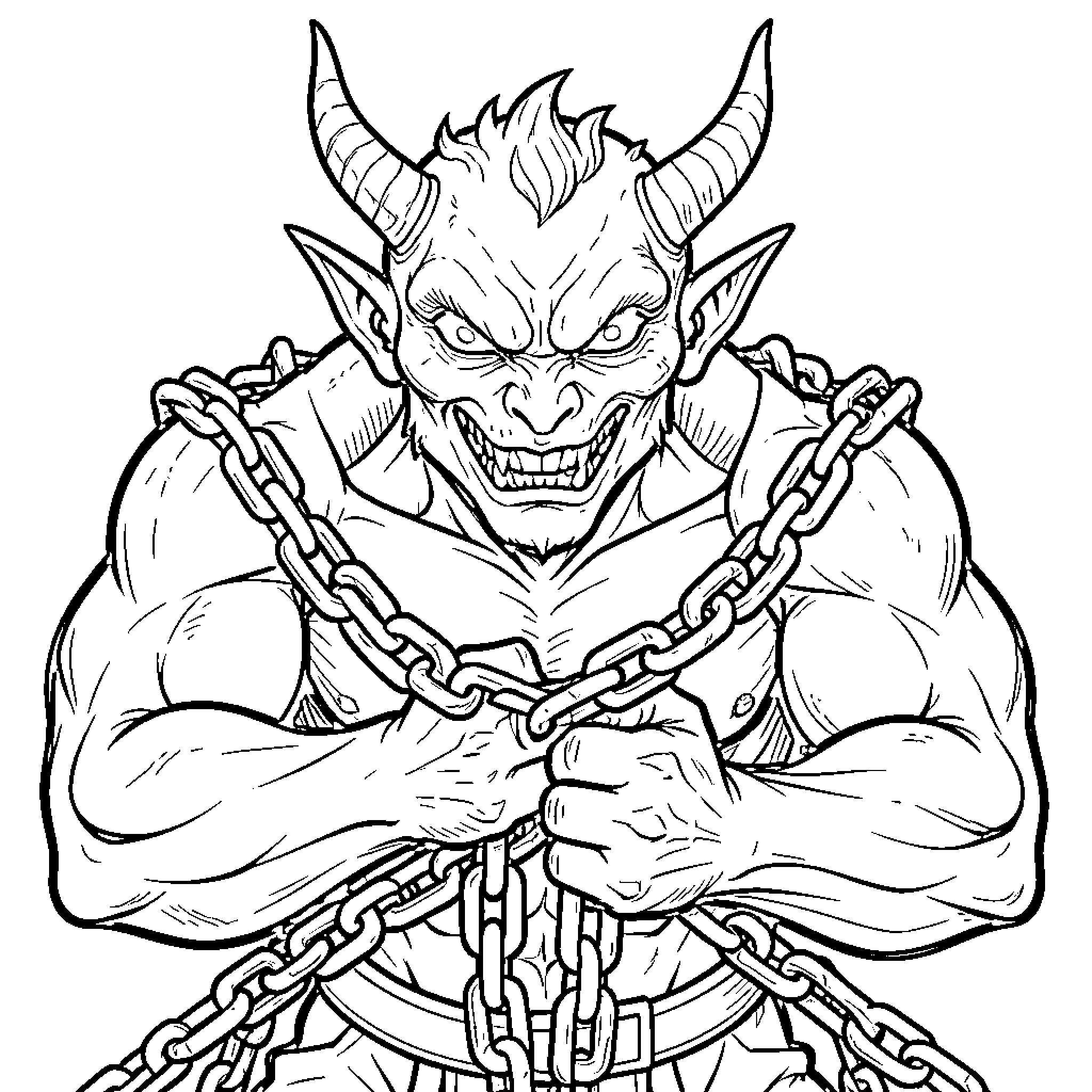 Demon Warrior Wielding Chains with Fierce Expression Coloring Page (free black-and-white line drawing printable PDF for all, from beginners to advanced learners, including children, teens, adults, and seniors)