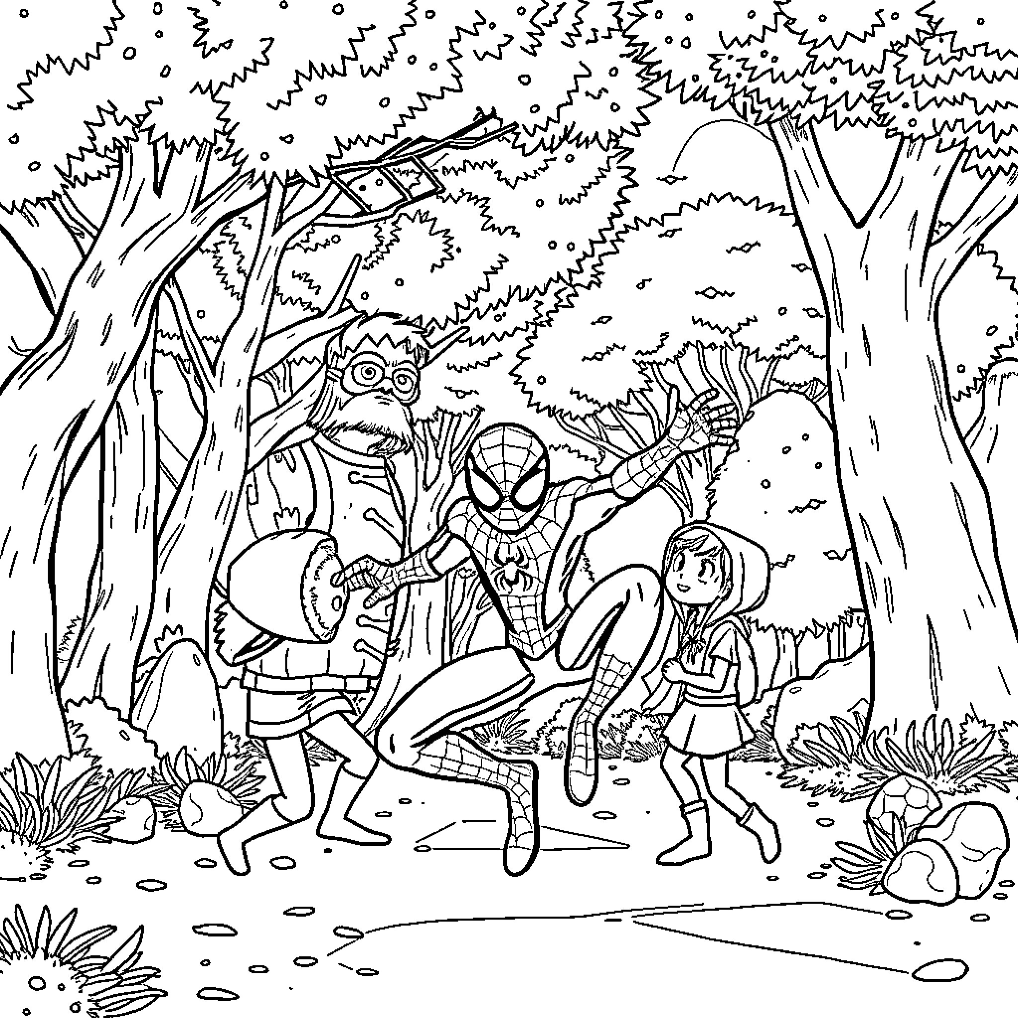 Spidey adventures in the enchanted forest Coloring Page (free black-and-white line drawing printable PDF for all, from beginners to advanced learners, including children, teens, adults, and seniors)