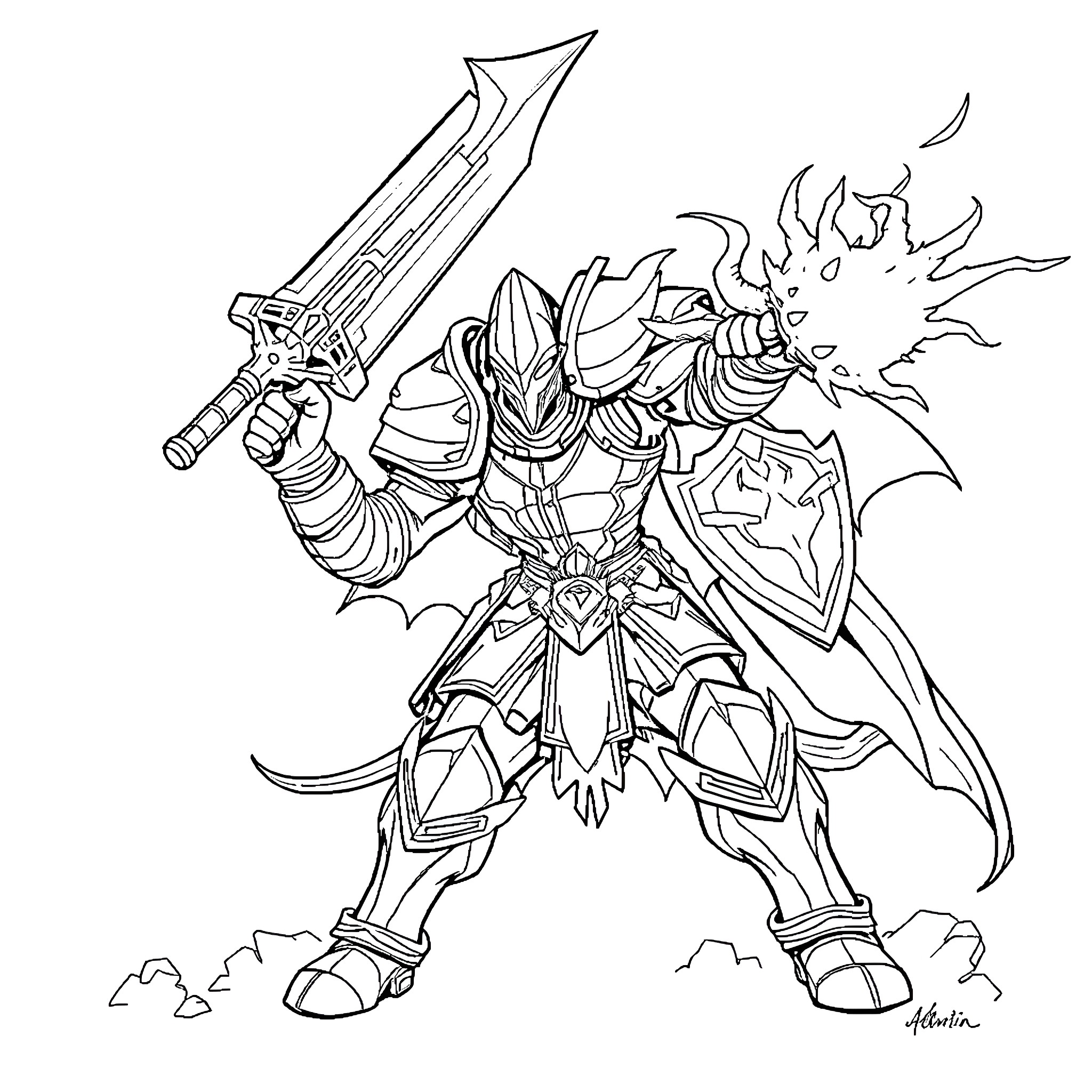 Doom Slayer in Heroic Battle Stance Coloring Page (free black-and-white line drawing printable PDF for all, from beginners to advanced learners, including children, teens, adults, and seniors)