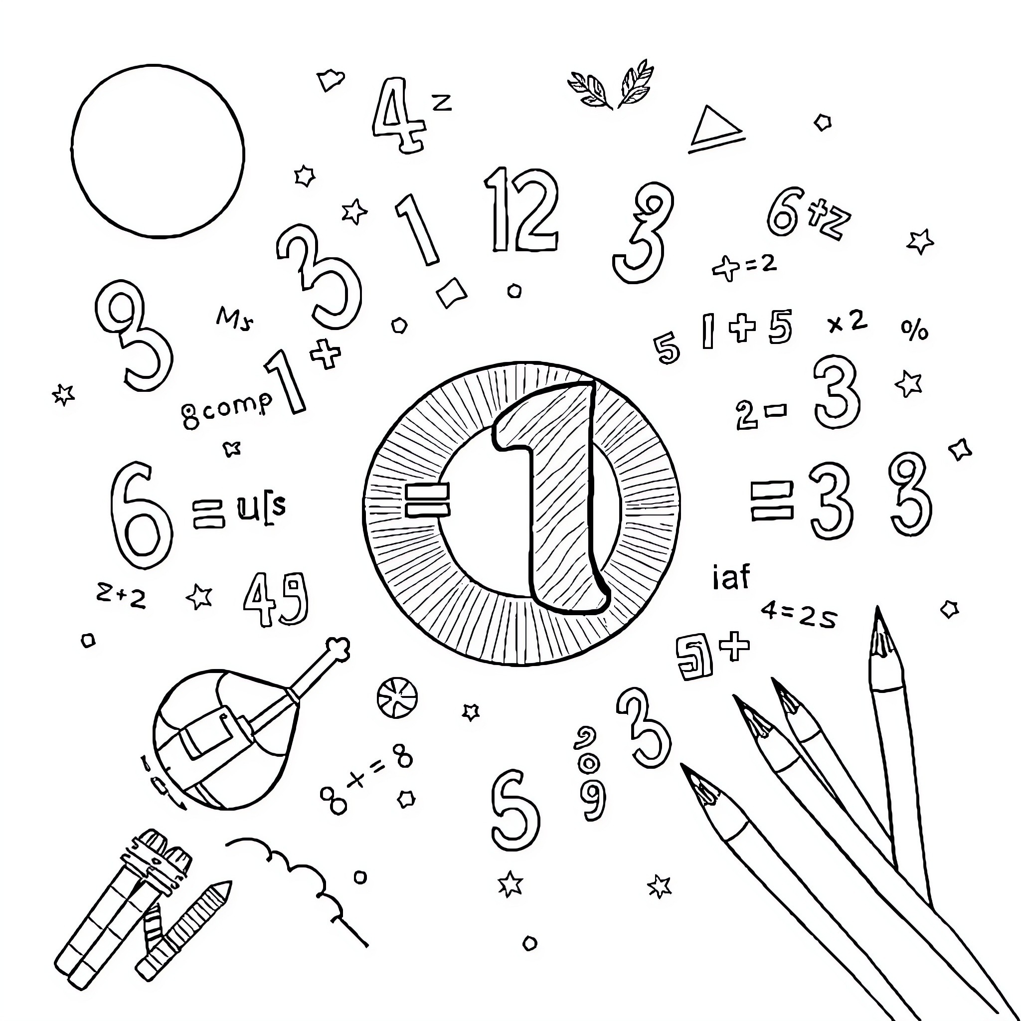 Math doodles with numbers, shapes, and school supplies Coloring Page (free black-and-white line drawing printable PDF for all, from beginners to advanced learners, including children, teens, adults, and seniors)