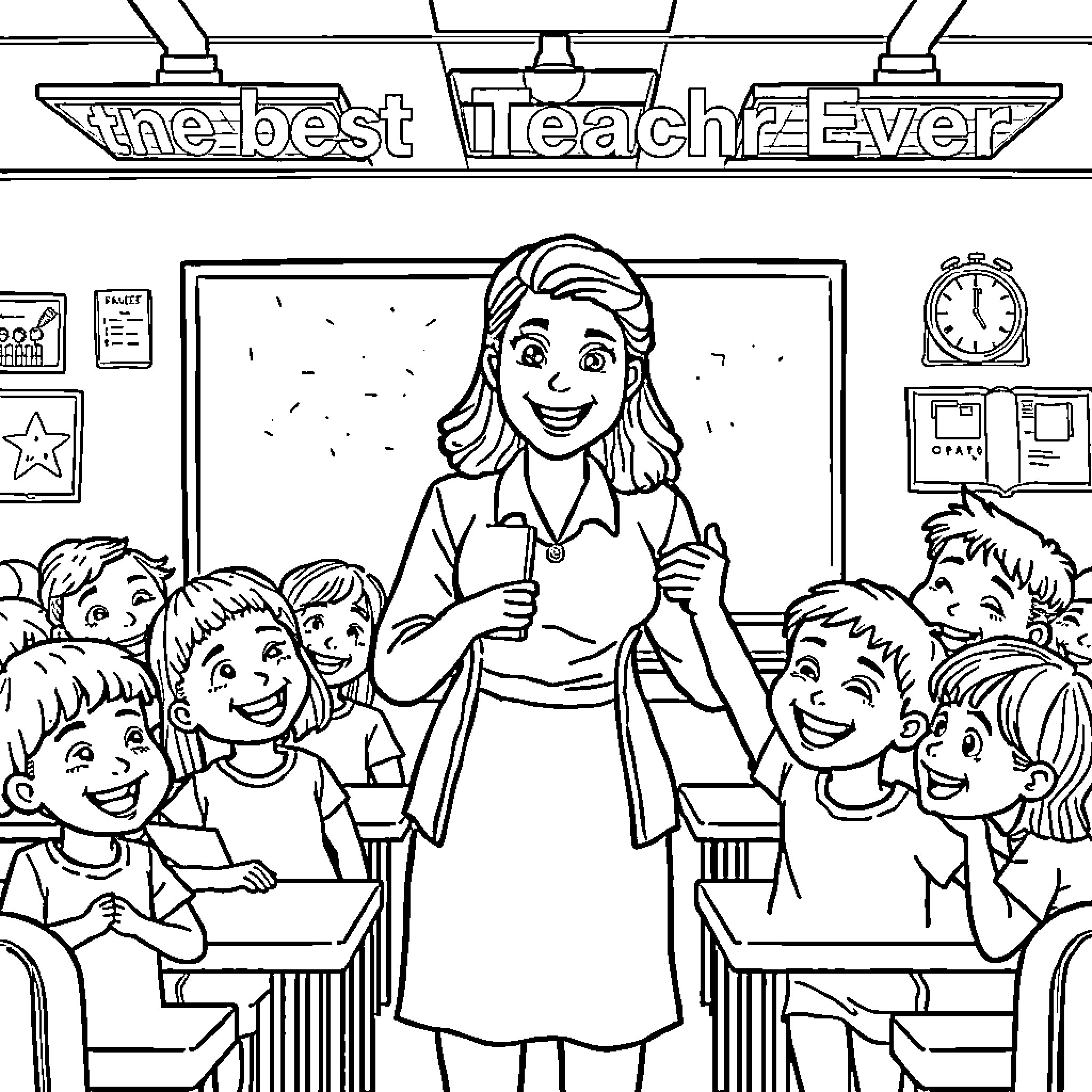 Teacher leading a cheerful classroom of students Coloring Page (free black-and-white line drawing printable PDF for all, from beginners to advanced learners, including children, teens, adults, and seniors)
