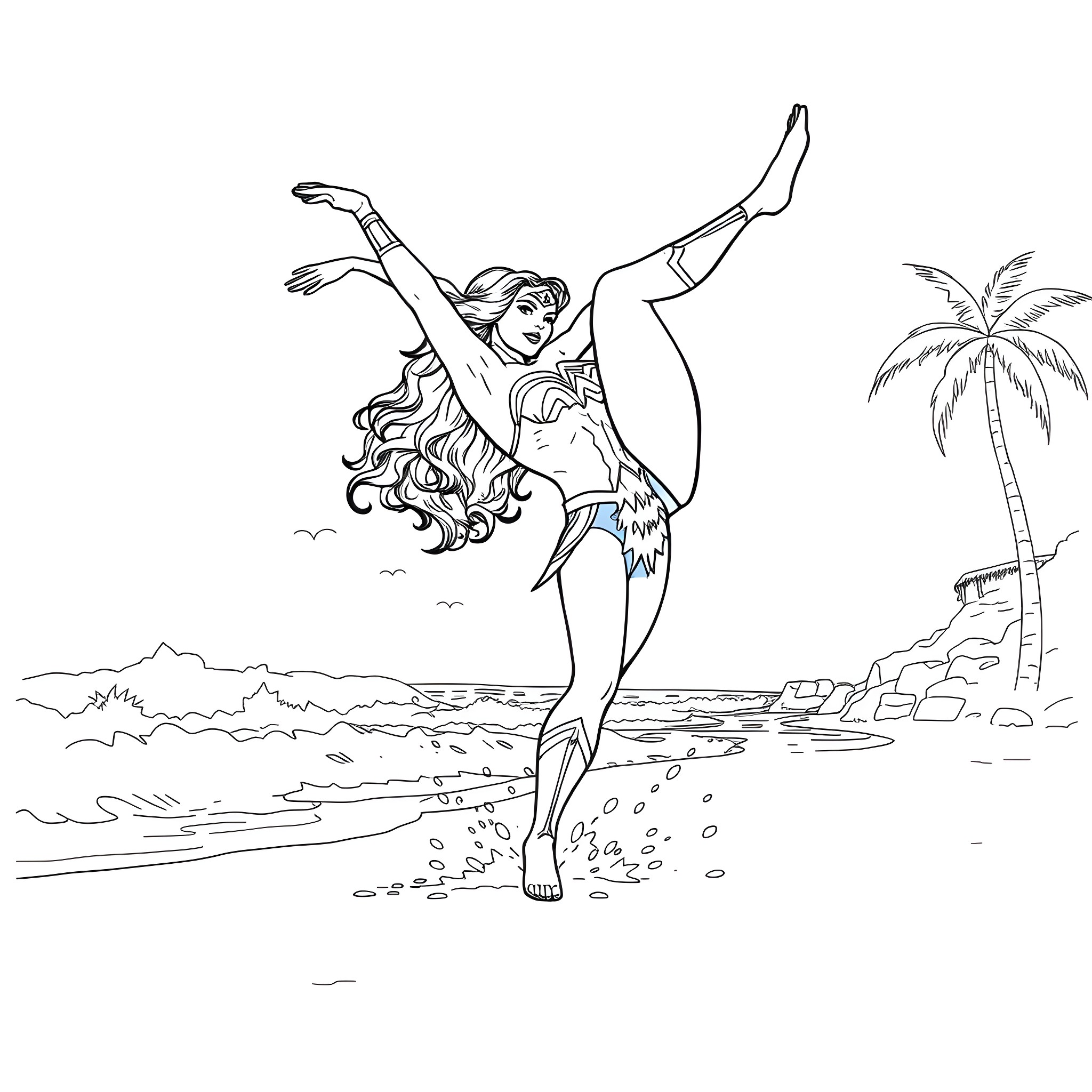Wonder Woman Strikes a Heroic Pose on the Beach Coloring Page (free black-and-white line drawing printable PDF for all, from beginners to advanced learners, including children, teens, adults, and seniors)