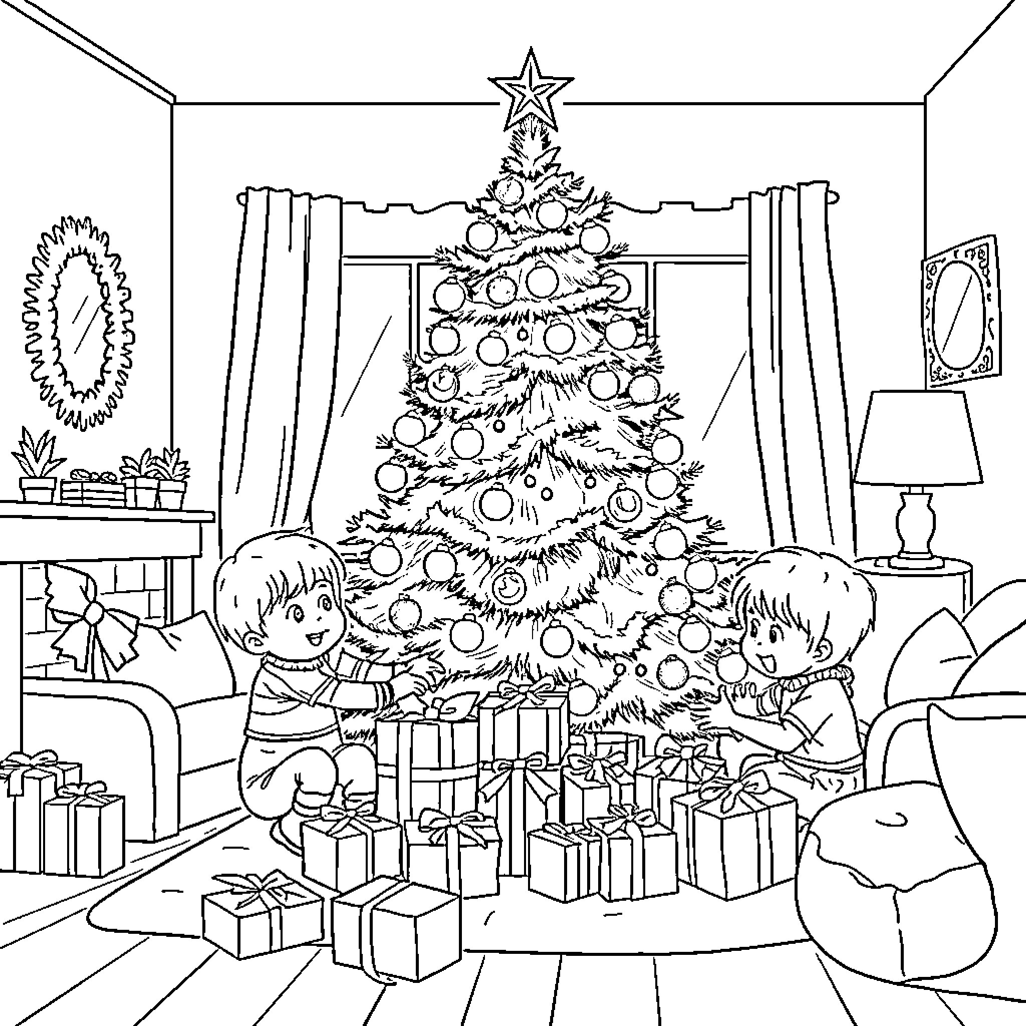 Christmas Tree Decorating with Children Coloring Page (free black-and-white line drawing printable PDF for all, from beginners to advanced learners, including children, teens, adults, and seniors)