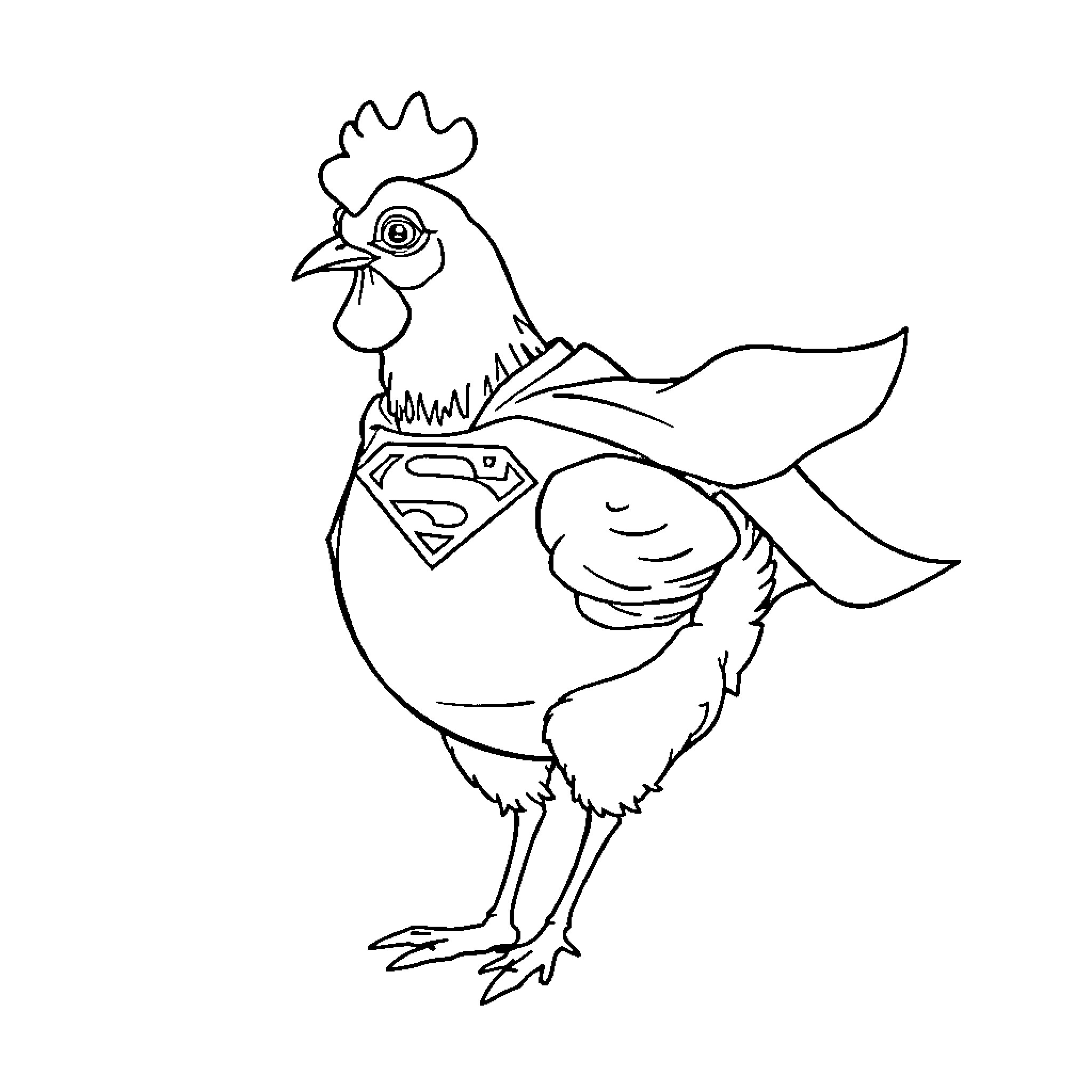 Chicken dressed as a superhero Coloring Page (free black-and-white line drawing printable PDF for all, from beginners to advanced learners, including children, teens, adults, and seniors)