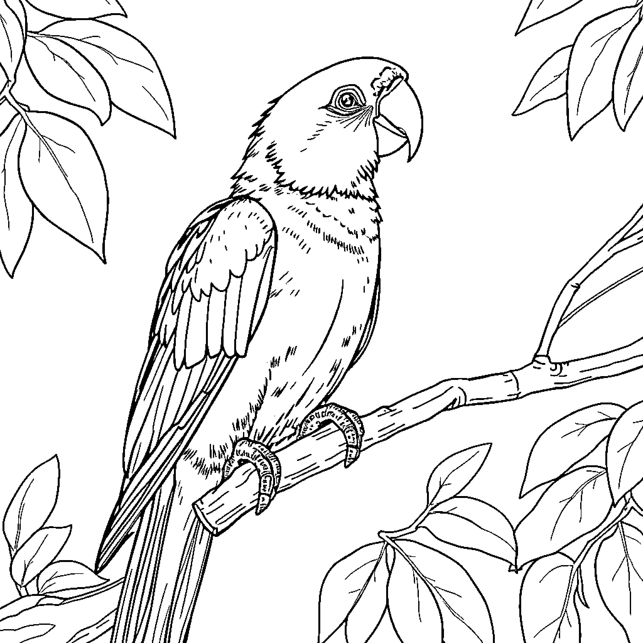 Parrot perched on a branch surrounded by leaves Coloring Page (free black-and-white line drawing printable PDF for all, from beginners to advanced learners, including children, teens, adults, and seniors)