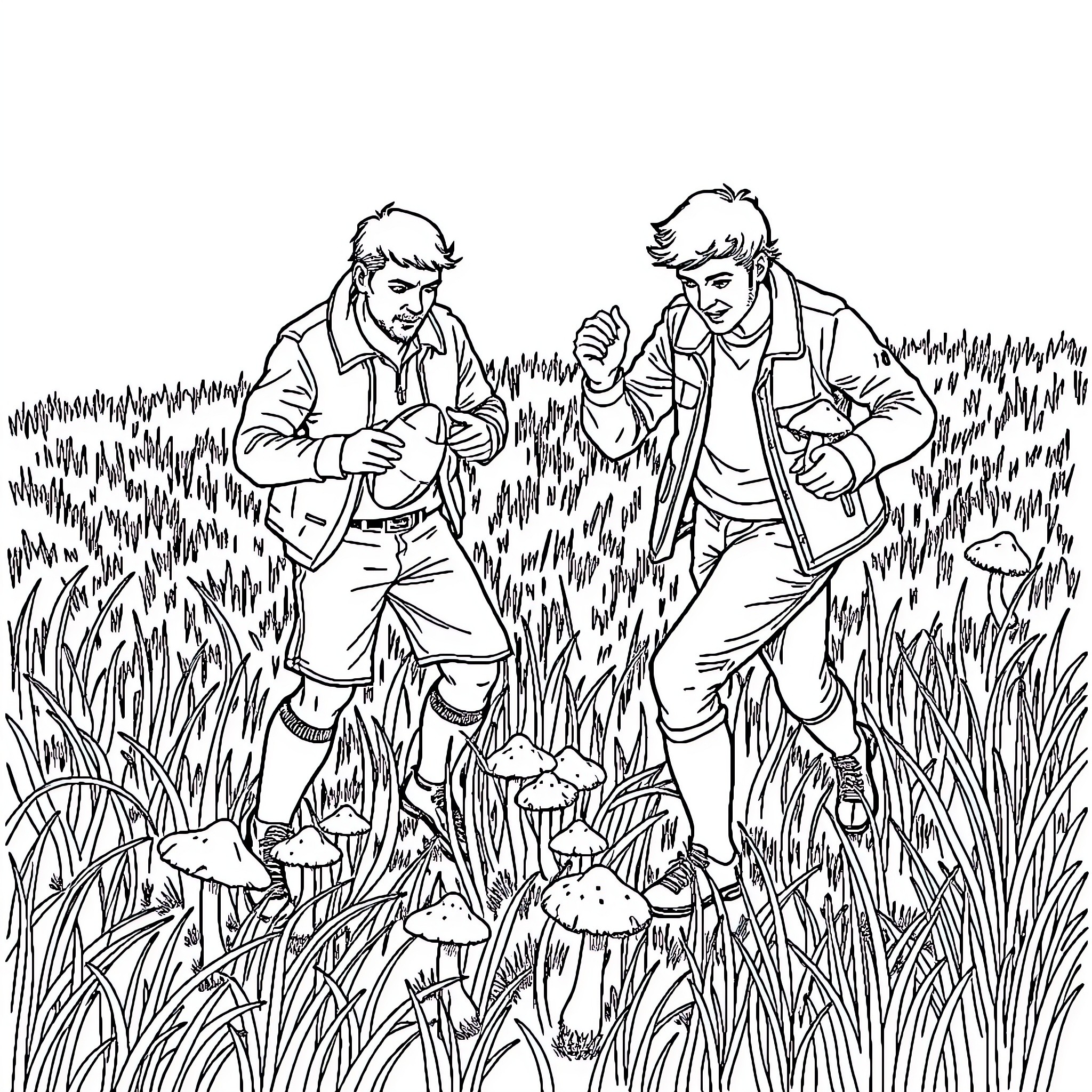 Homme exploring mushrooms in a field Coloring Page (free black-and-white line drawing printable PDF for all, from beginners to advanced learners, including children, teens, adults, and seniors)