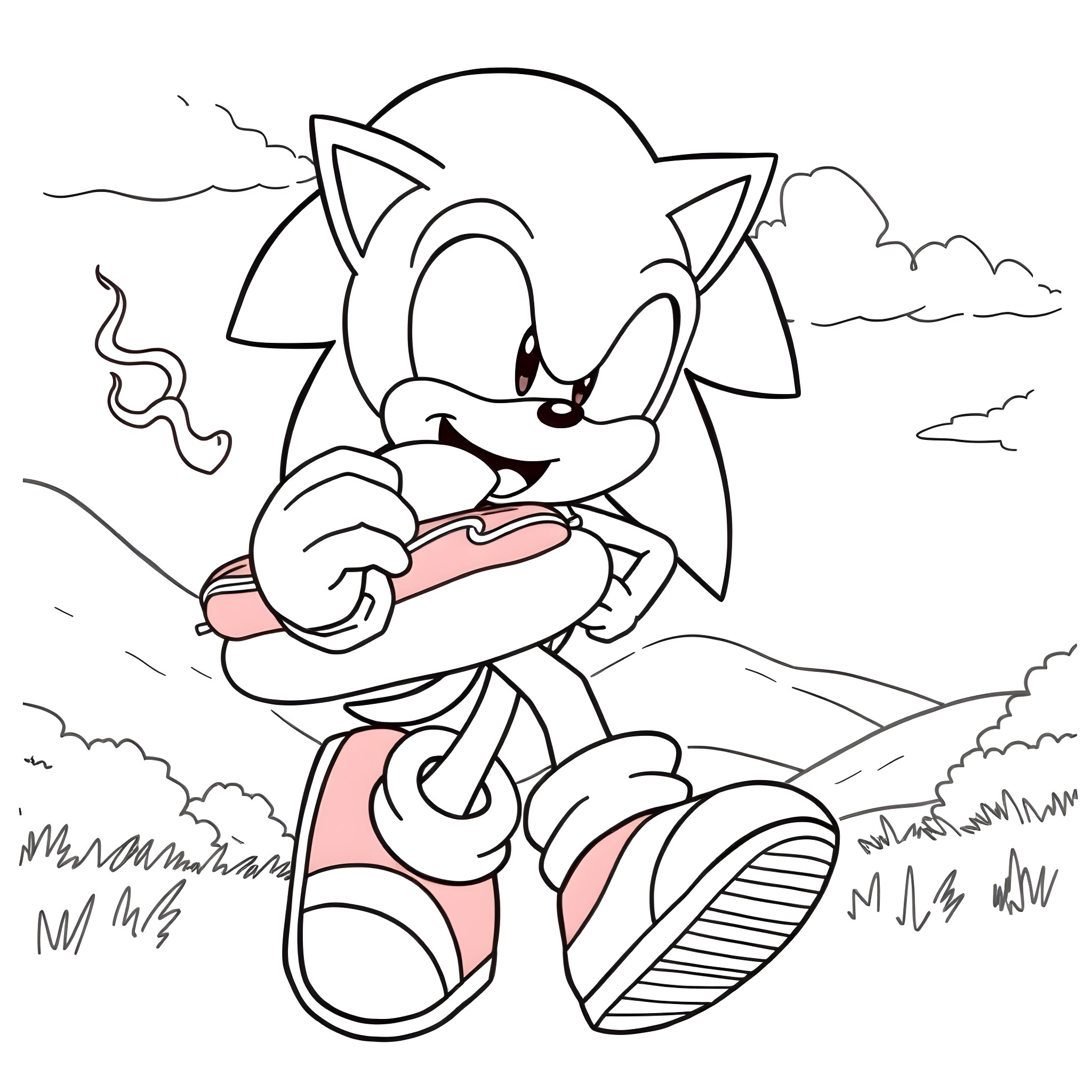 Sonic running through a cloudy landscape Coloring Page (free black-and-white line drawing printable PDF for all, from beginners to advanced learners, including children, teens, adults, and seniors)