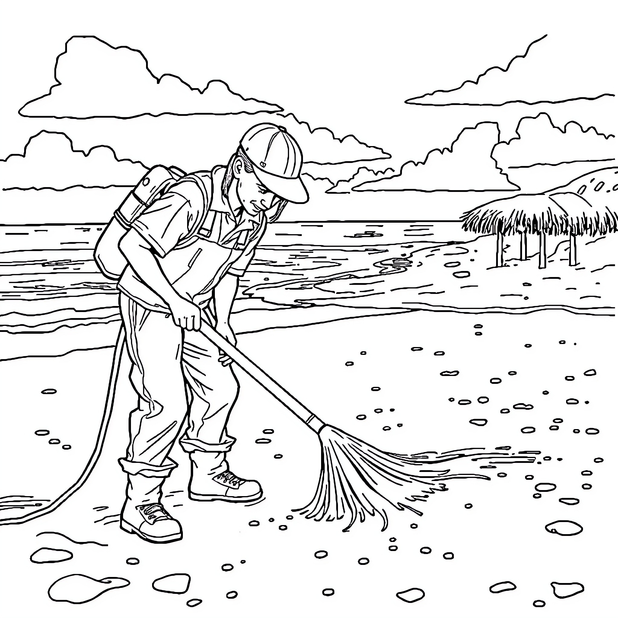Cza-Ta Worker Cleaning Beach Shoreline Coloring Page (free black-and-white line drawing printable PDF for all, from beginners to advanced learners, including children, teens, adults, and seniors)
