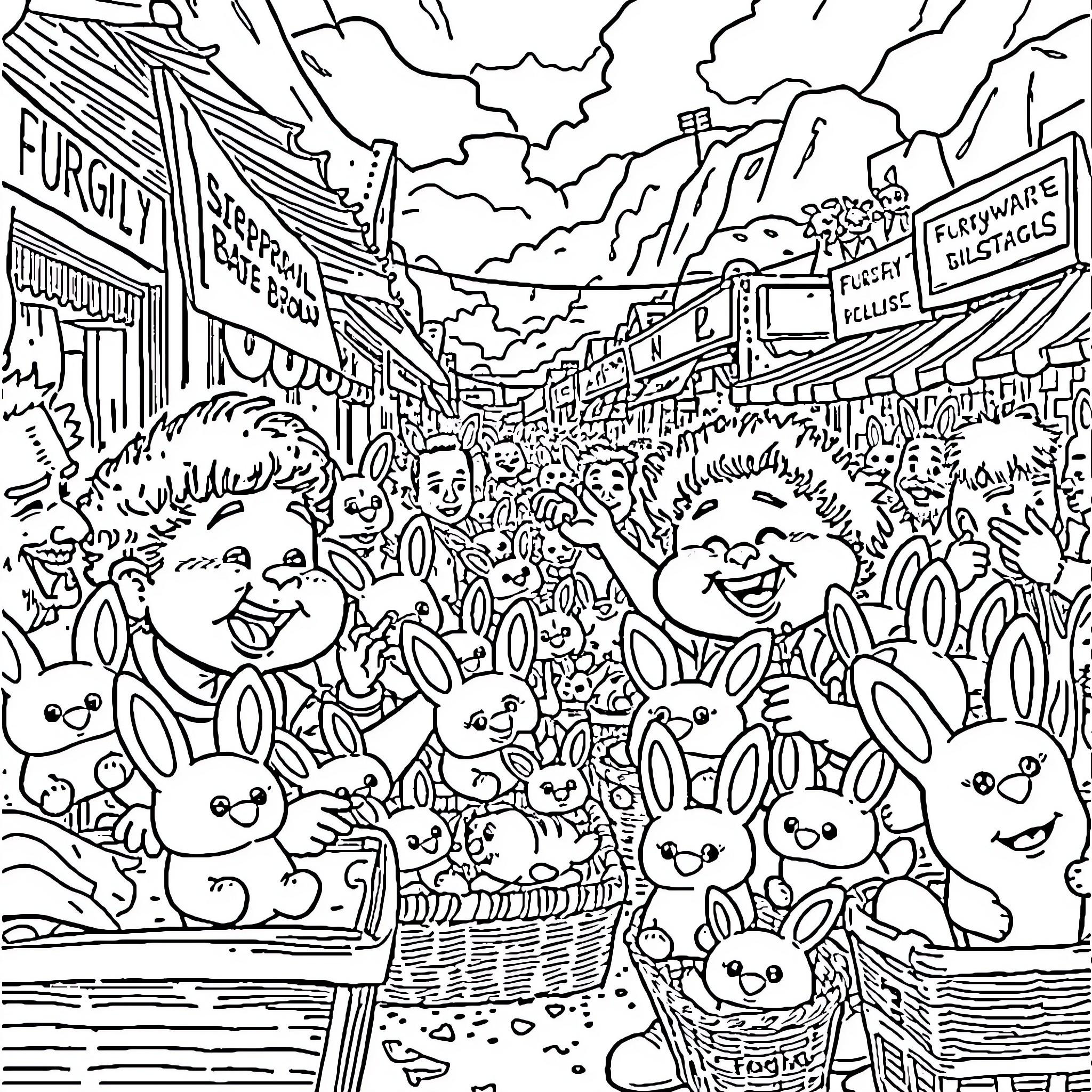 Mogwai celebrating in a bustling marketplace Coloring Page (free black-and-white line drawing printable PDF for all, from beginners to advanced learners, including children, teens, adults, and seniors)