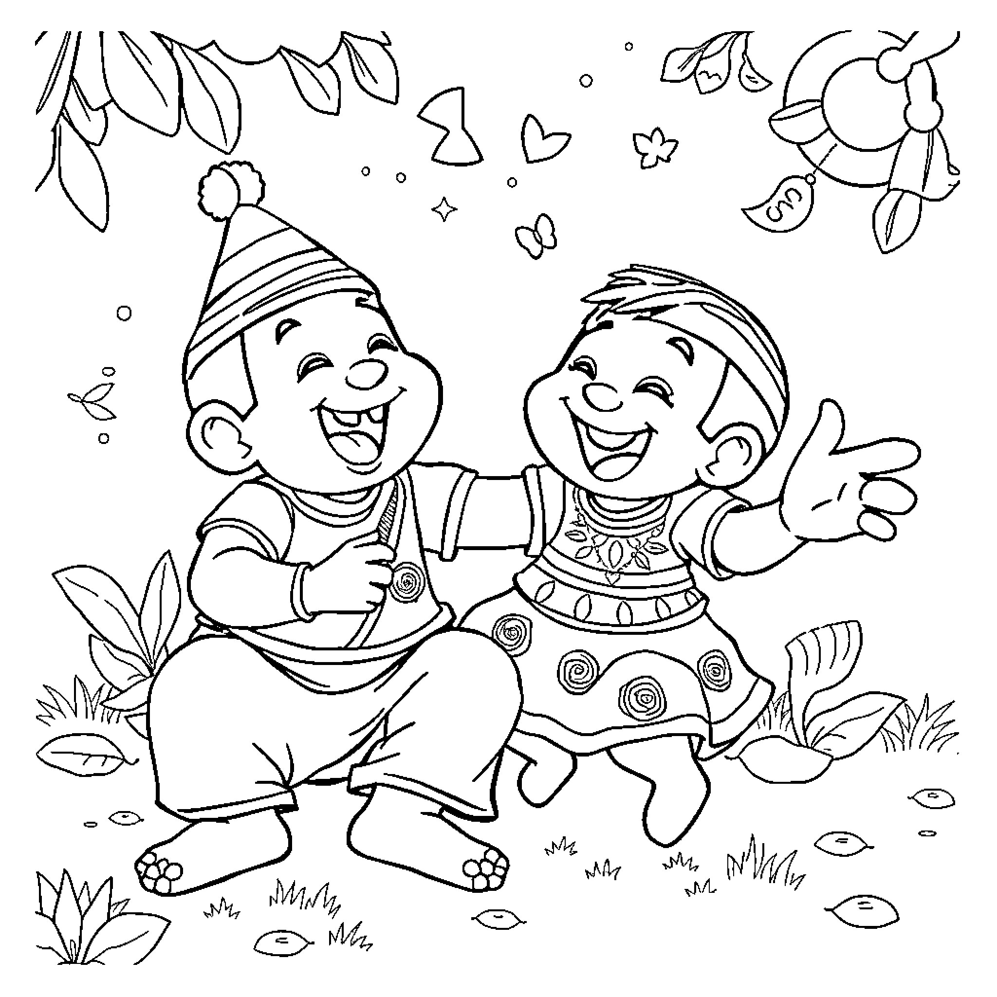 Tumtum friends celebrating in nature Coloring Page (free black-and-white line drawing printable PDF for all, from beginners to advanced learners, including children, teens, adults, and seniors)