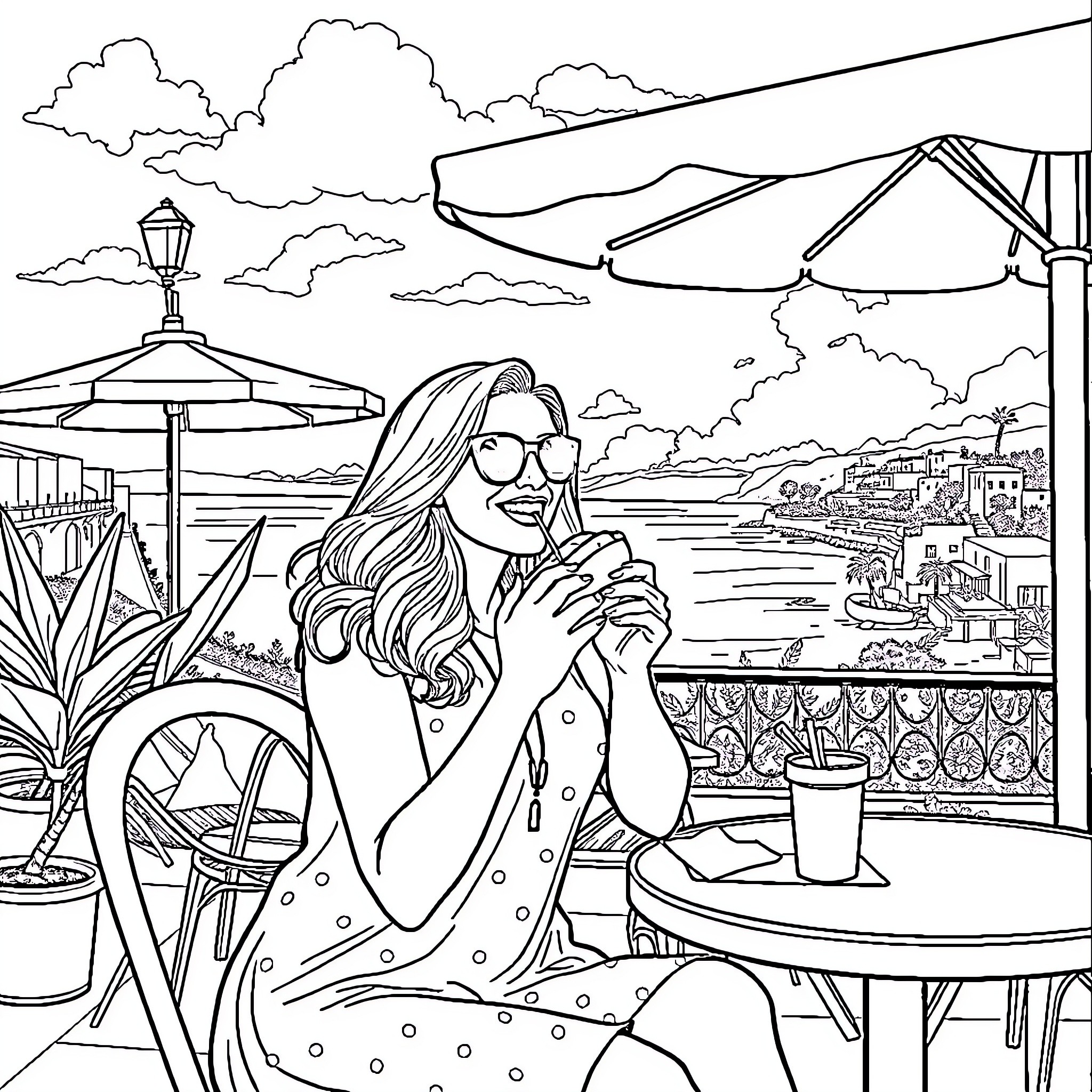Jennifer Coolidge enjoying the scenic view at an outdoor cafe Coloring Page (free black-and-white line drawing printable PDF for all, from beginners to advanced learners, including children, teens, adults, and seniors)
