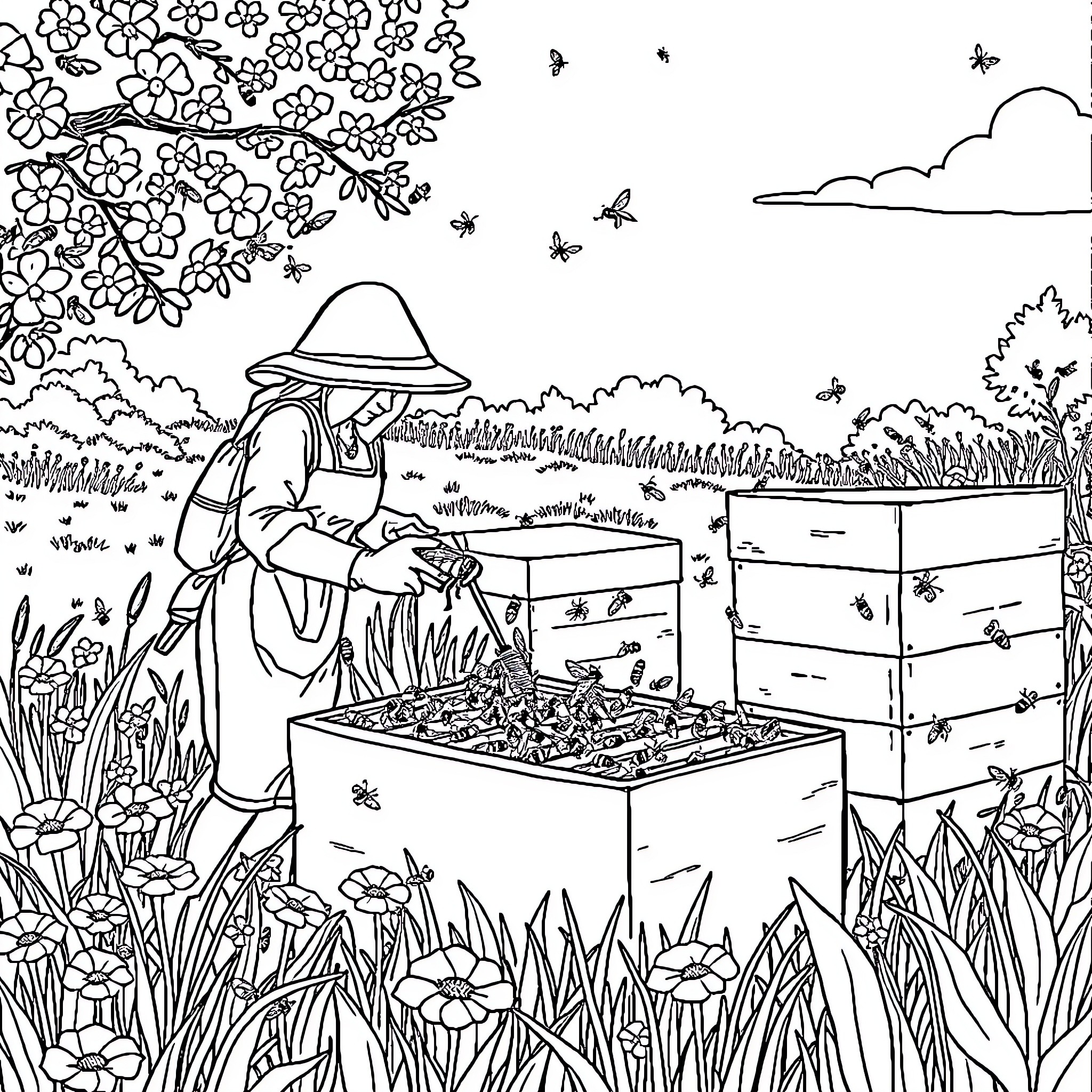 Beekeeper tending to hives in lush floral meadow Coloring Page (free black-and-white line drawing printable PDF for all, from beginners to advanced learners, including children, teens, adults, and seniors)