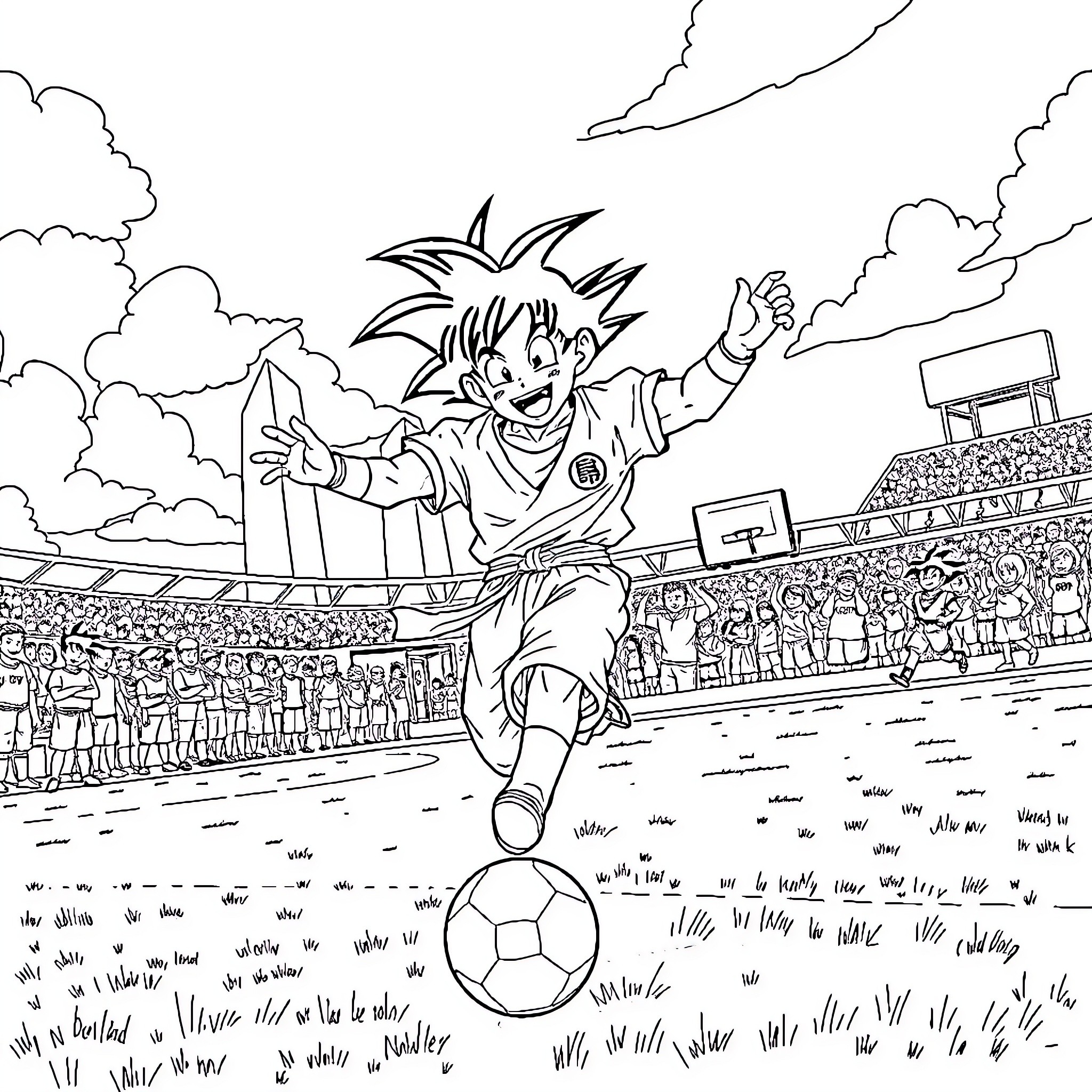 Goku playing soccer in an anime stadium Coloring Page (free black-and-white line drawing printable PDF for all, from beginners to advanced learners, including children, teens, adults, and seniors)