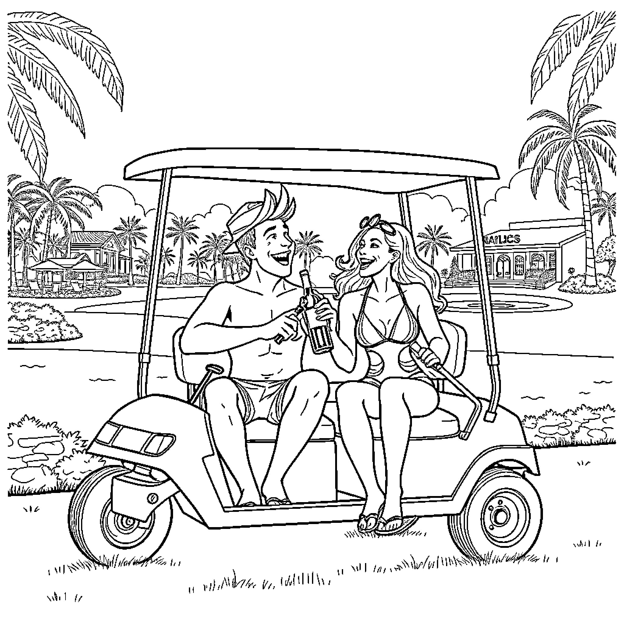 Friends enjoying a ride in a beach buggy Coloring Page (free black-and-white line drawing printable PDF for all, from beginners to advanced learners, including children, teens, adults, and seniors)