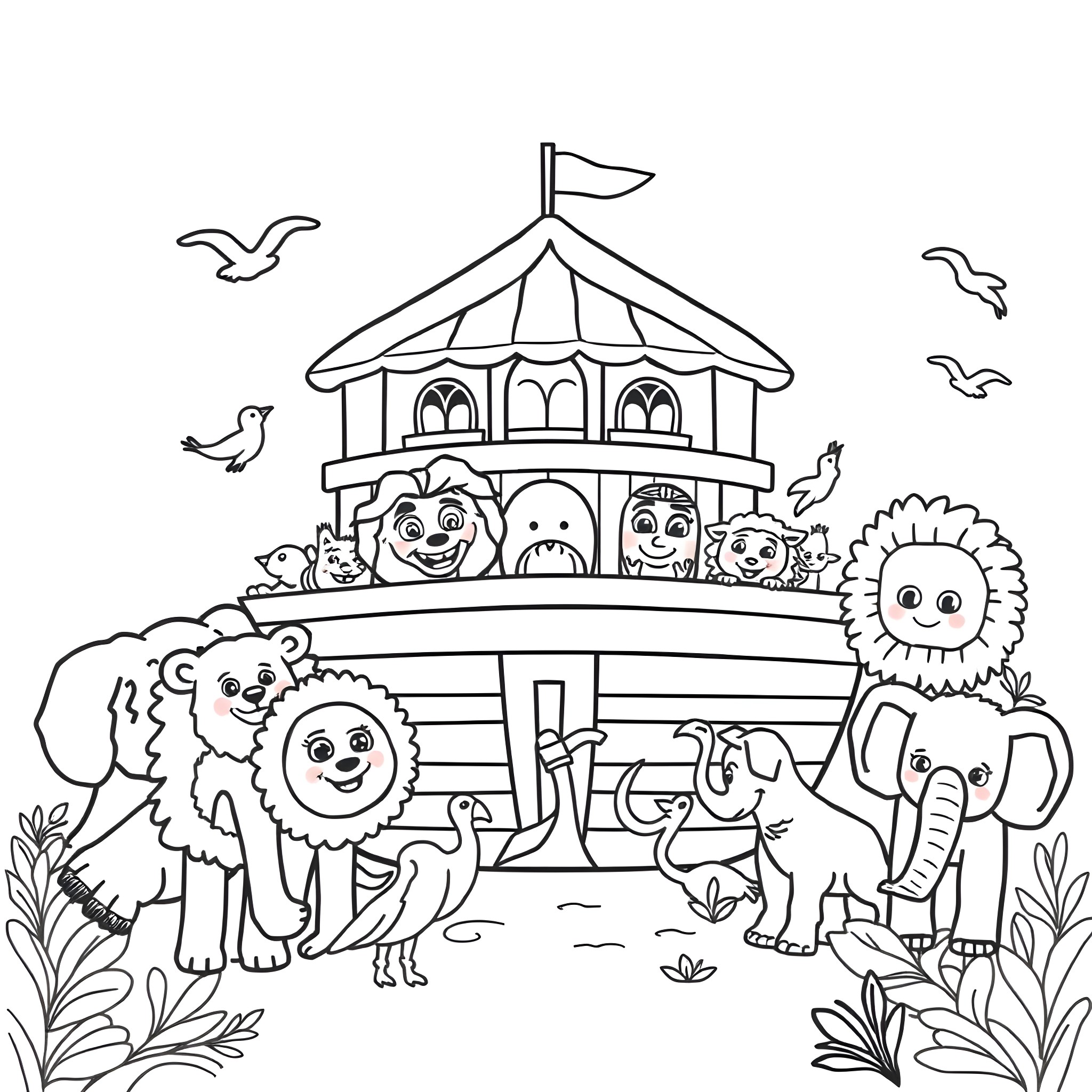 Noah's ark with animals playing happily Coloring Page (free black-and-white line drawing printable PDF for all, from beginners to advanced learners, including children, teens, adults, and seniors)