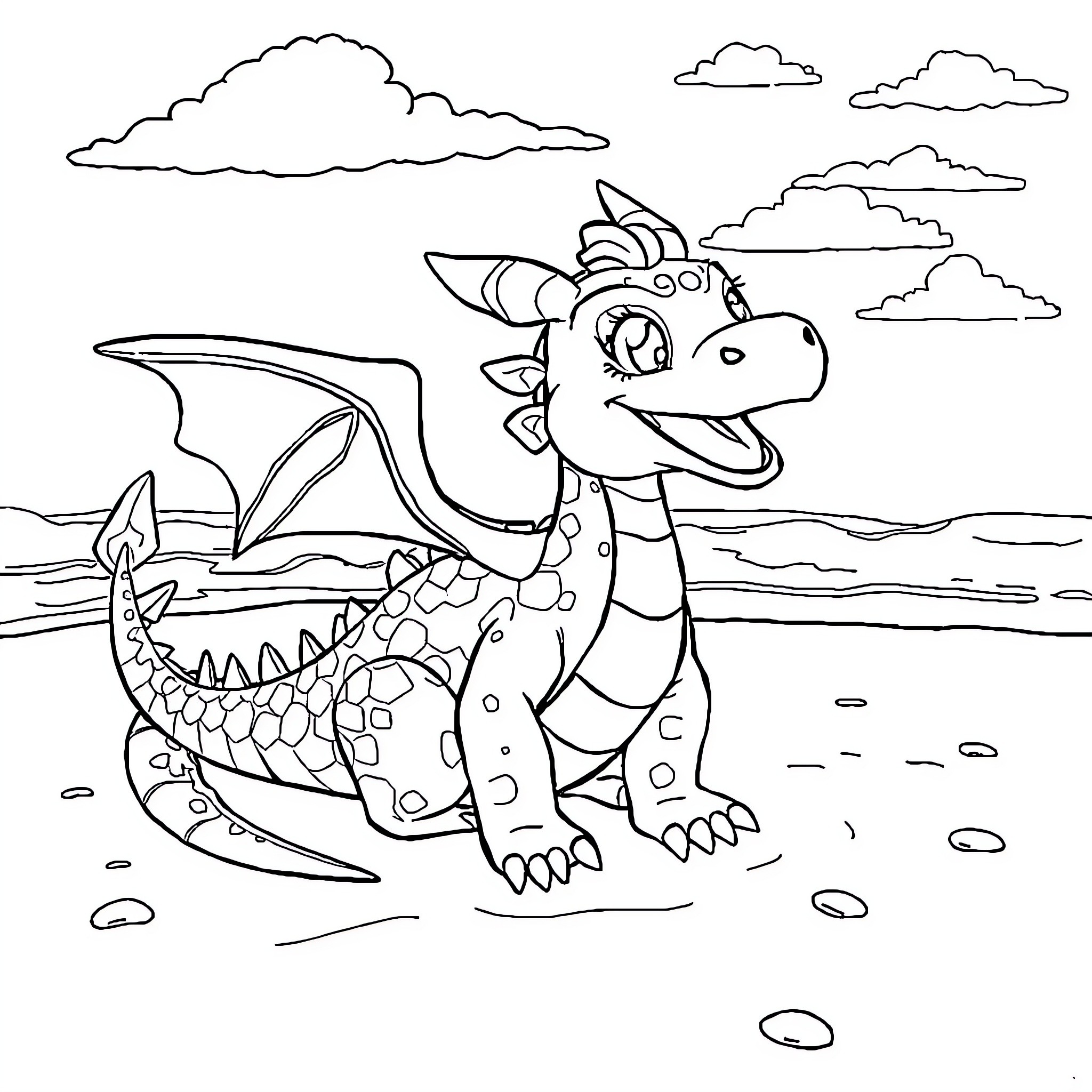Chimuelo the Friendly Dragon at the Beach Coloring Page (free black-and-white line drawing printable PDF for all, from beginners to advanced learners, including children, teens, adults, and seniors)