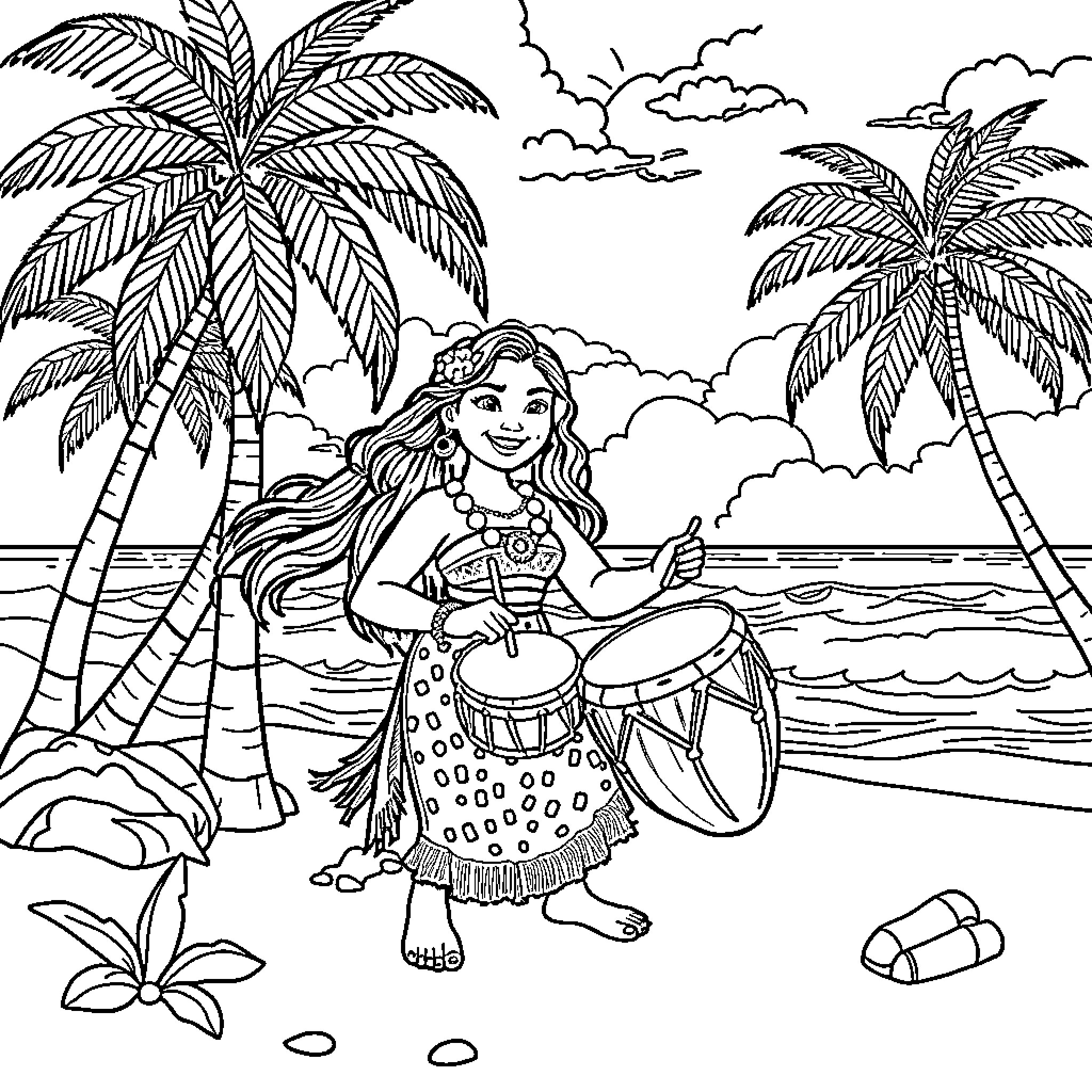 Moana enjoying a tropical beach with palm trees Coloring Page (free black-and-white line drawing printable PDF for all, from beginners to advanced learners, including children, teens, adults, and seniors)